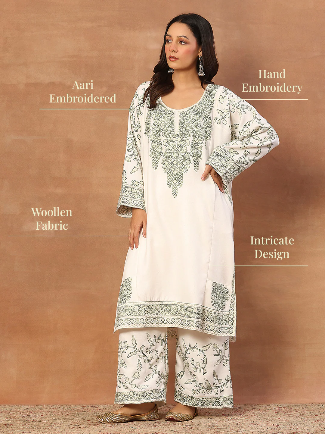 HOC Wool Aari Embroidered Solid Women's 3 Pc Long Phiran Set - White - Image 10