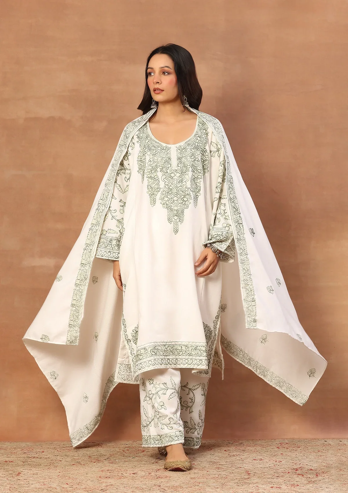 HOC Wool Aari Embroidered Solid Women's 3 Pc Long Phiran Set - White - Image 7