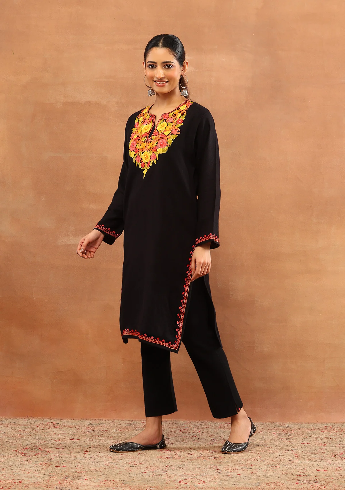 HOC Wool Aari Embroidered Solid Women's Long Kurta - Black - Image 4