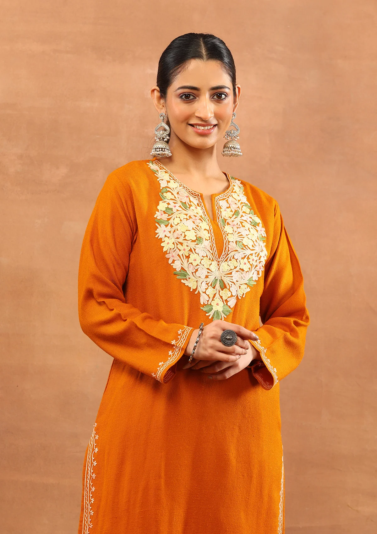 HOC Wool Aari Embroidered Solid Women's Long Kurta - Mustard - Image 2