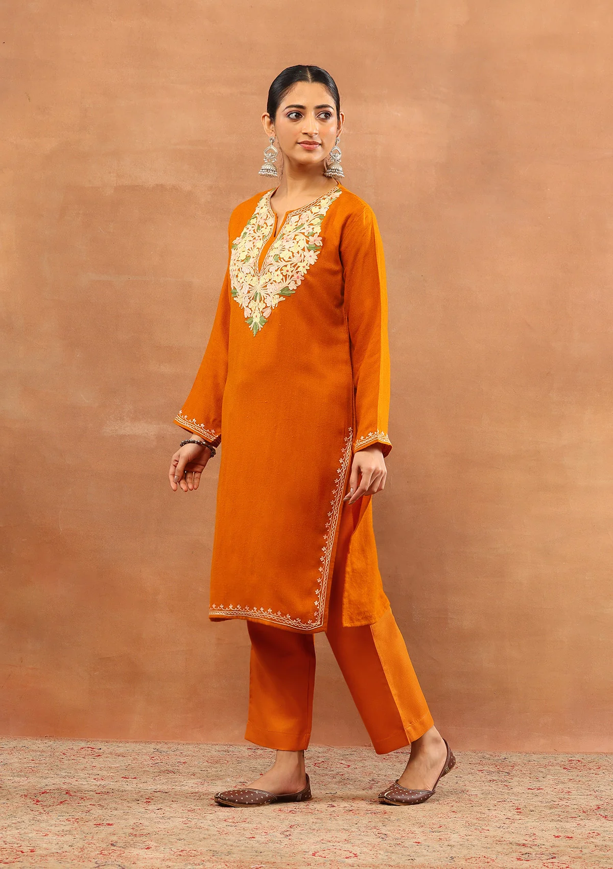 HOC Wool Aari Embroidered Solid Women's Long Kurta - Mustard - Image 3