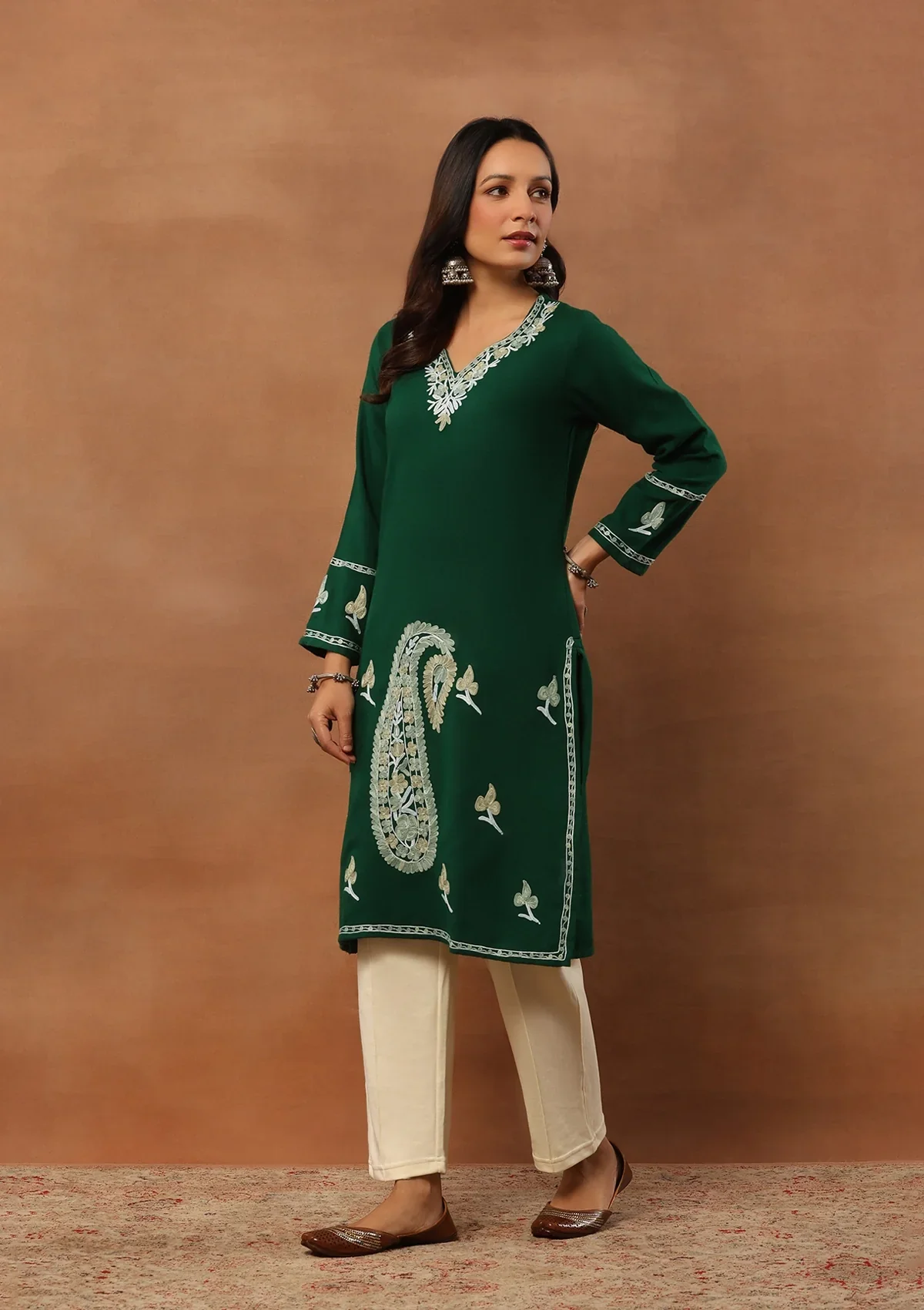 HOC Wool Aari Embroidered Solid Women's Long Kurta - Green - Image 3
