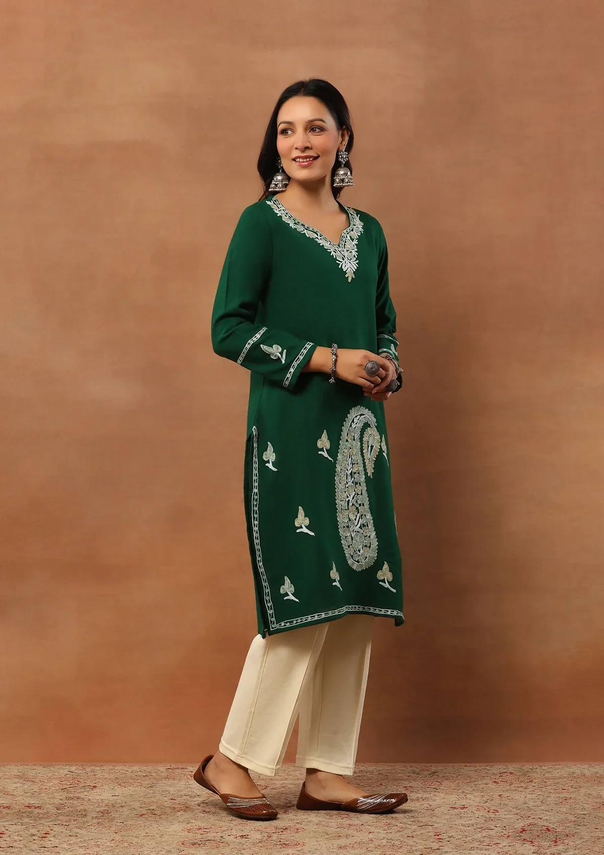 HOC Wool Aari Embroidered Solid Women's Long Kurta - Green - Image 4