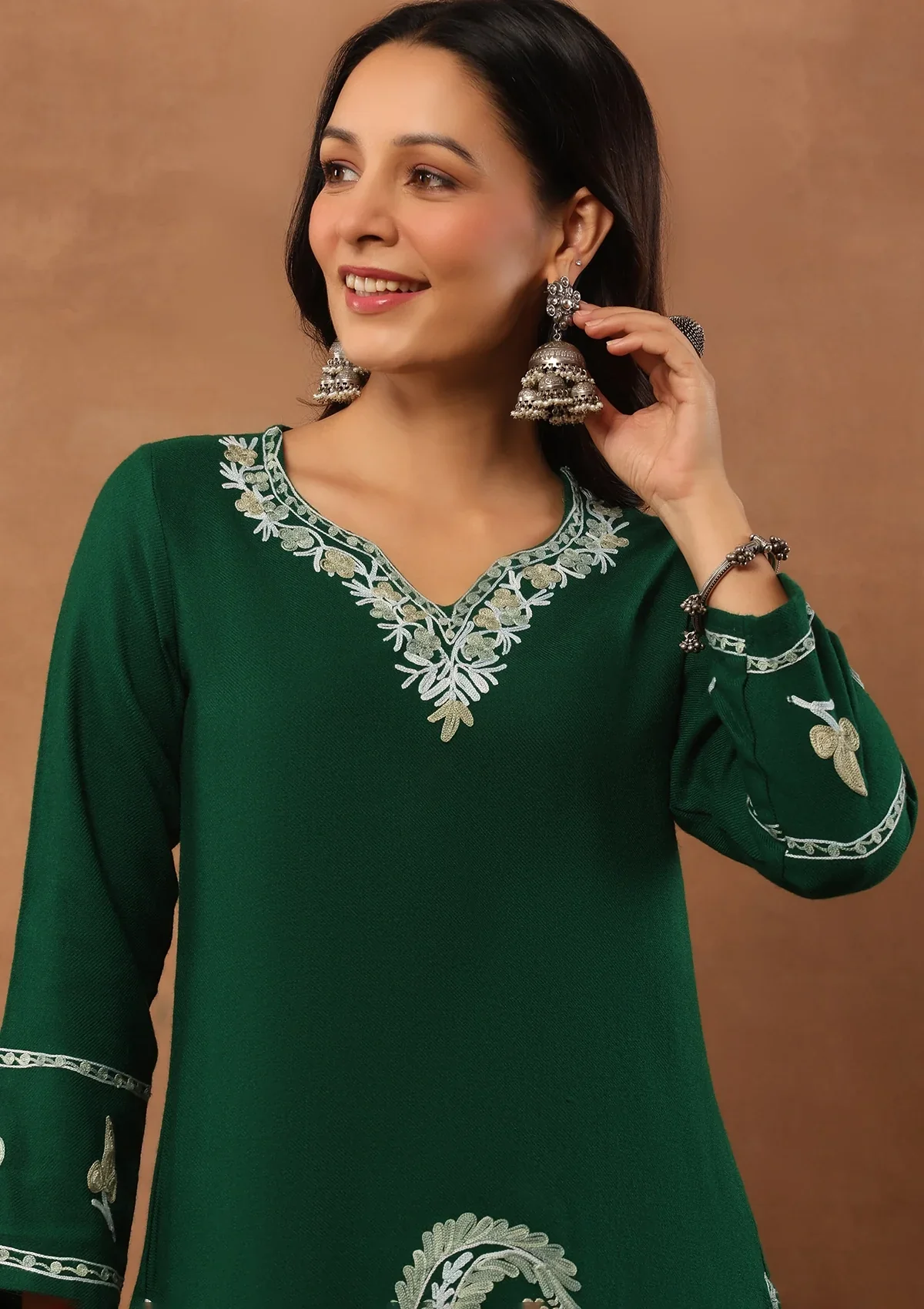 HOC Wool Aari Embroidered Solid Women's Long Kurta - Green - Image 5