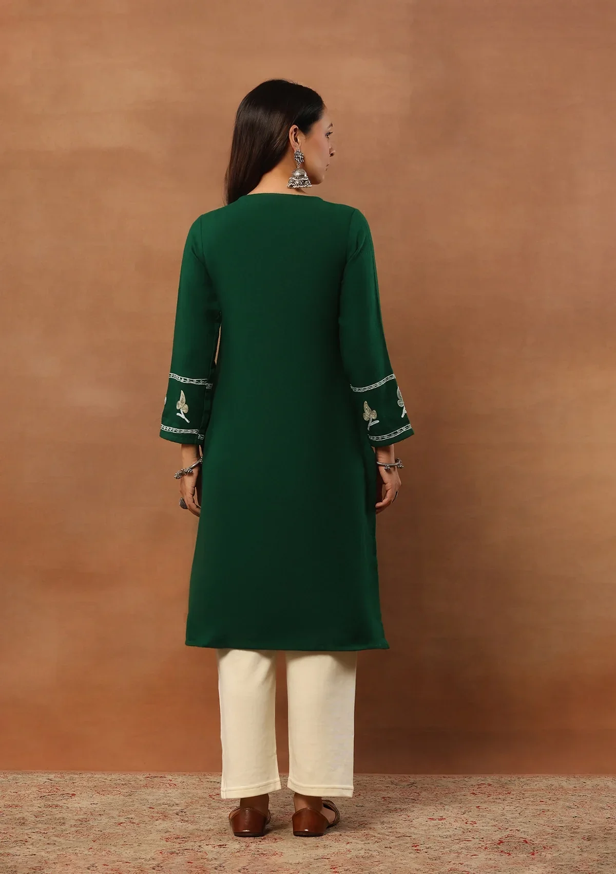 HOC Wool Aari Embroidered Solid Women's Long Kurta - Green - Image 6