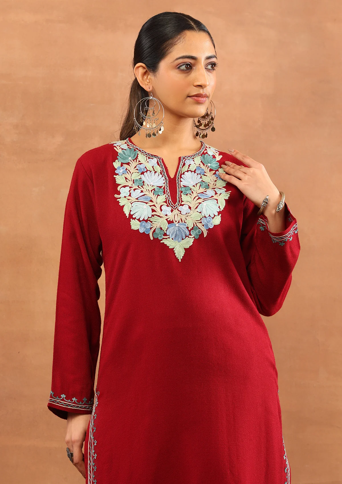 HOC Wool Aari Embroidered Solid Women's Long Kurta - Red - Image 2