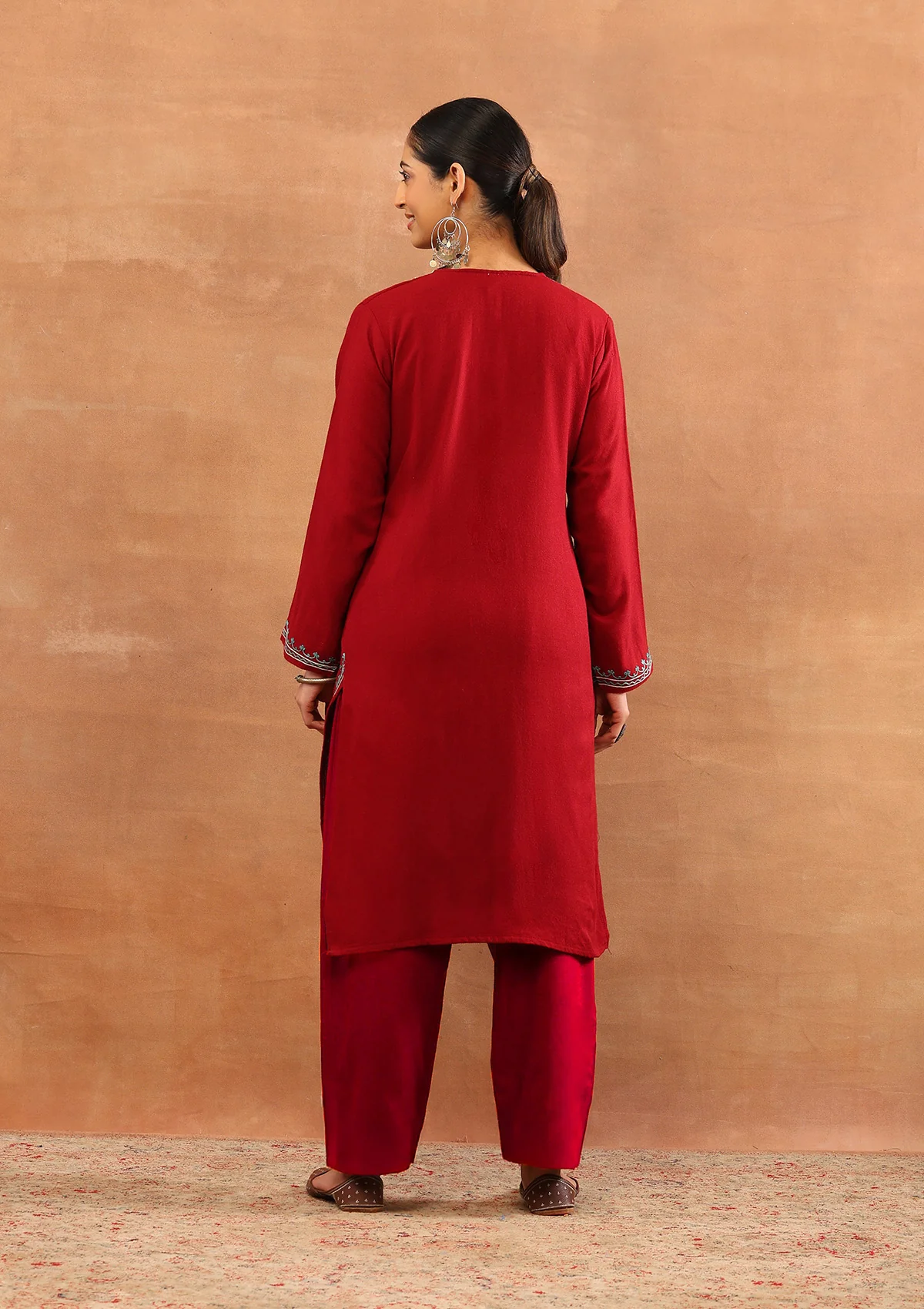 HOC Wool Aari Embroidered Solid Women's Long Kurta - Red - Image 5