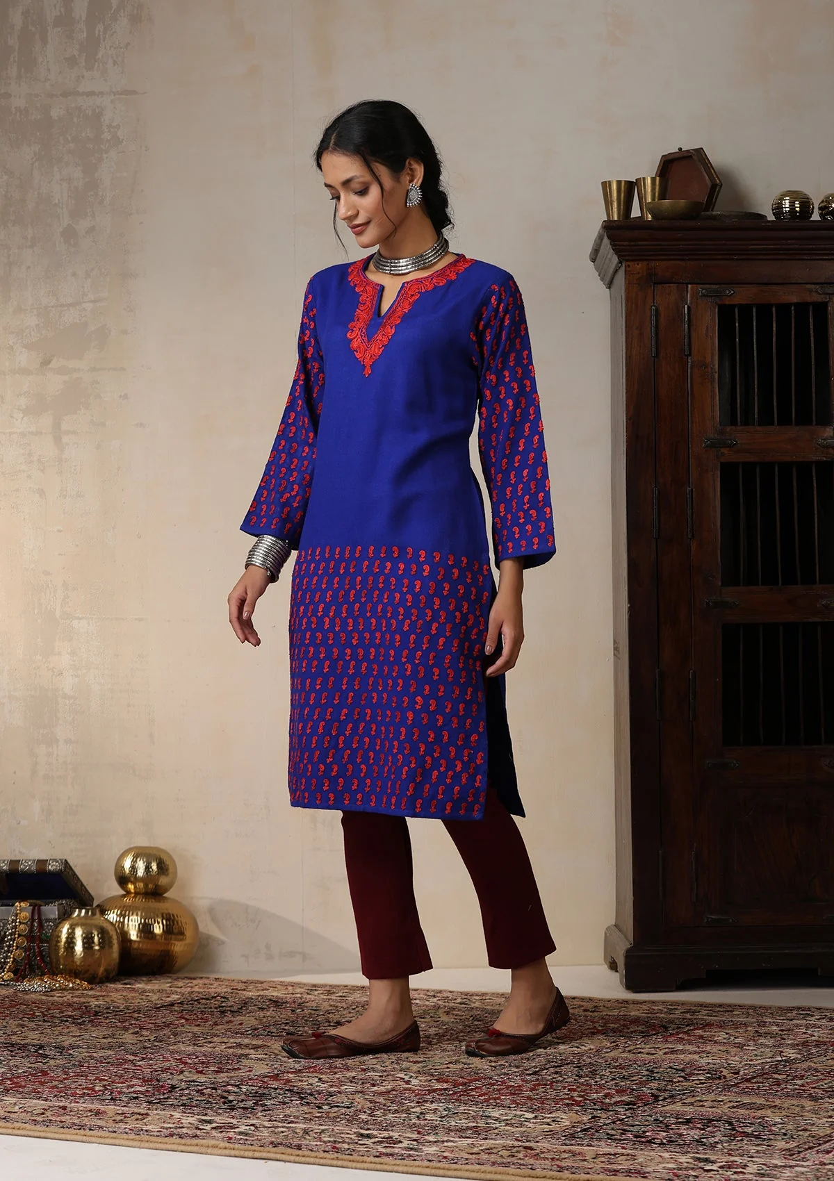 HOC Wool Aari Embroidered Solid Women's Long Kurta - Royal Blue - Image 3