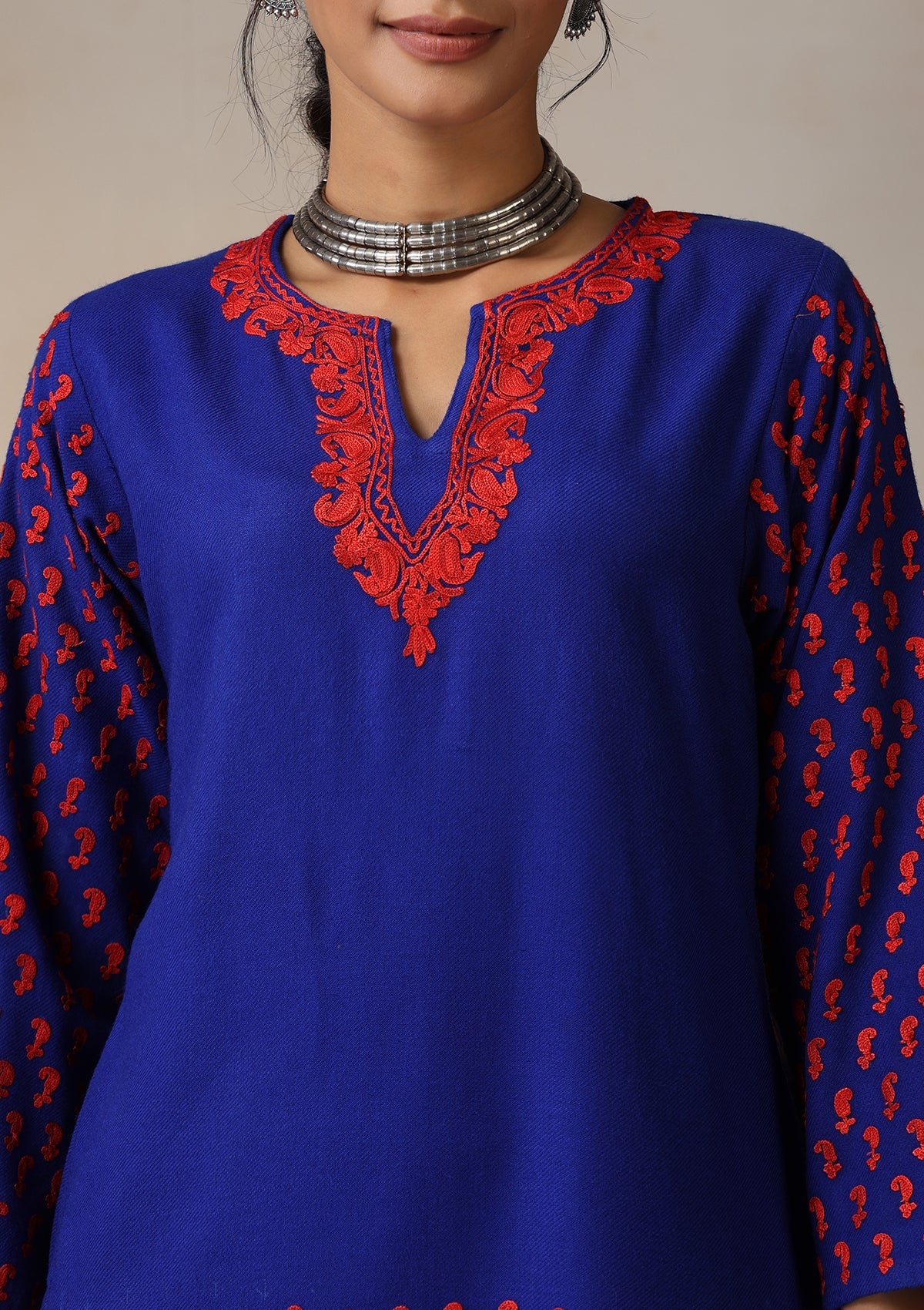 HOC Wool Aari Embroidered Solid Women's Long Kurta - Royal Blue - Image 4