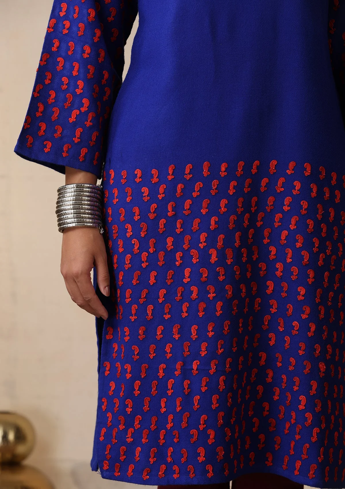 HOC Wool Aari Embroidered Solid Women's Long Kurta - Royal Blue - Image 5