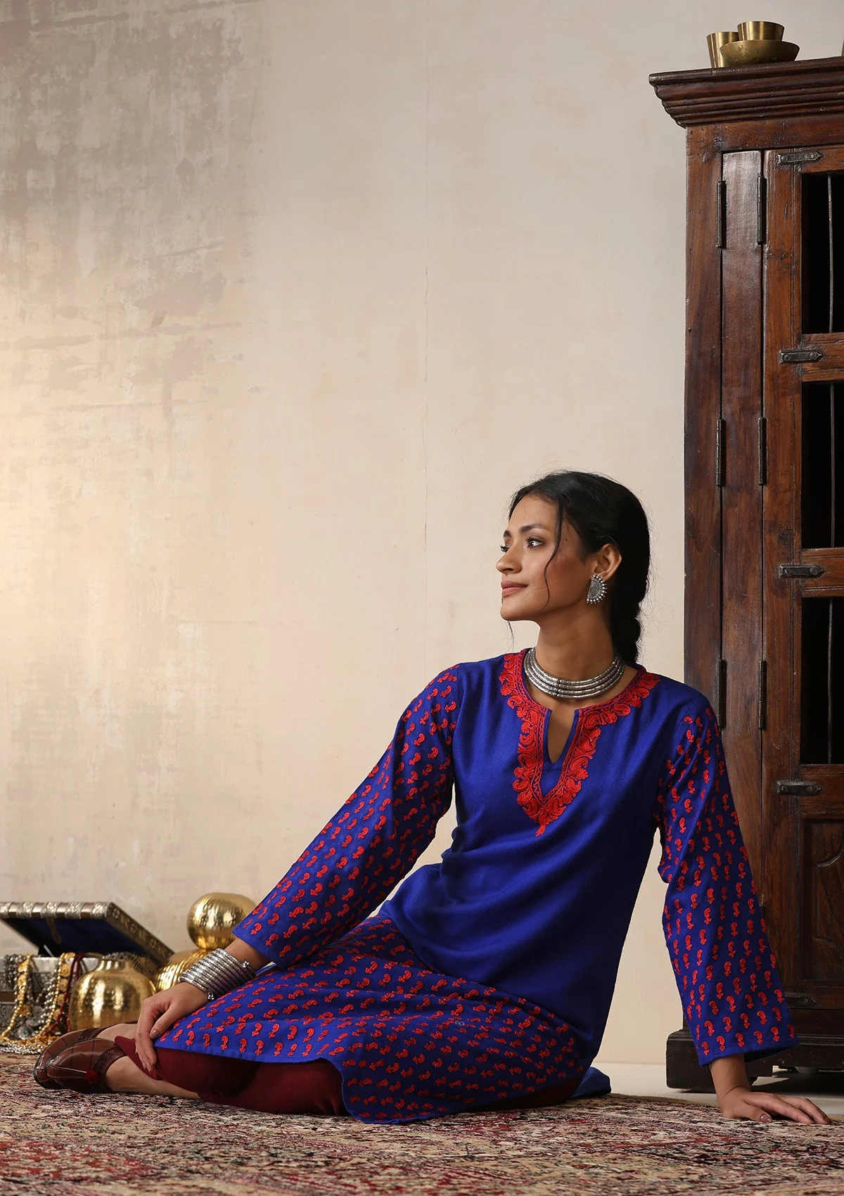 HOC Wool Aari Embroidered Solid Women's Long Kurta - Royal Blue - Image 6