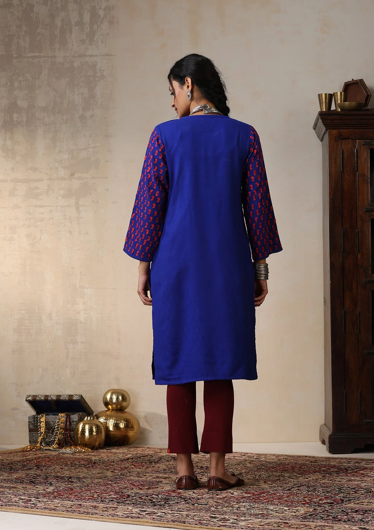 HOC Wool Aari Embroidered Solid Women's Long Kurta - Royal Blue - Image 7