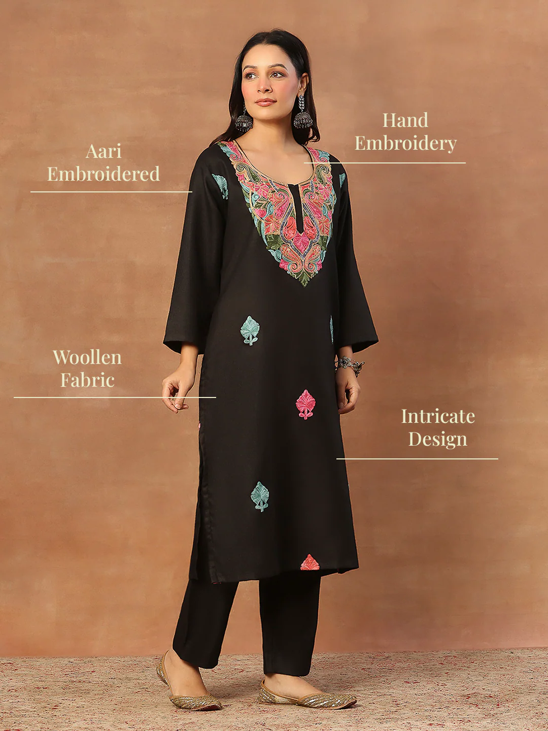 HOC Wool Aari Embroidered Solid Women's Long Kurta Set-Black - Image 7