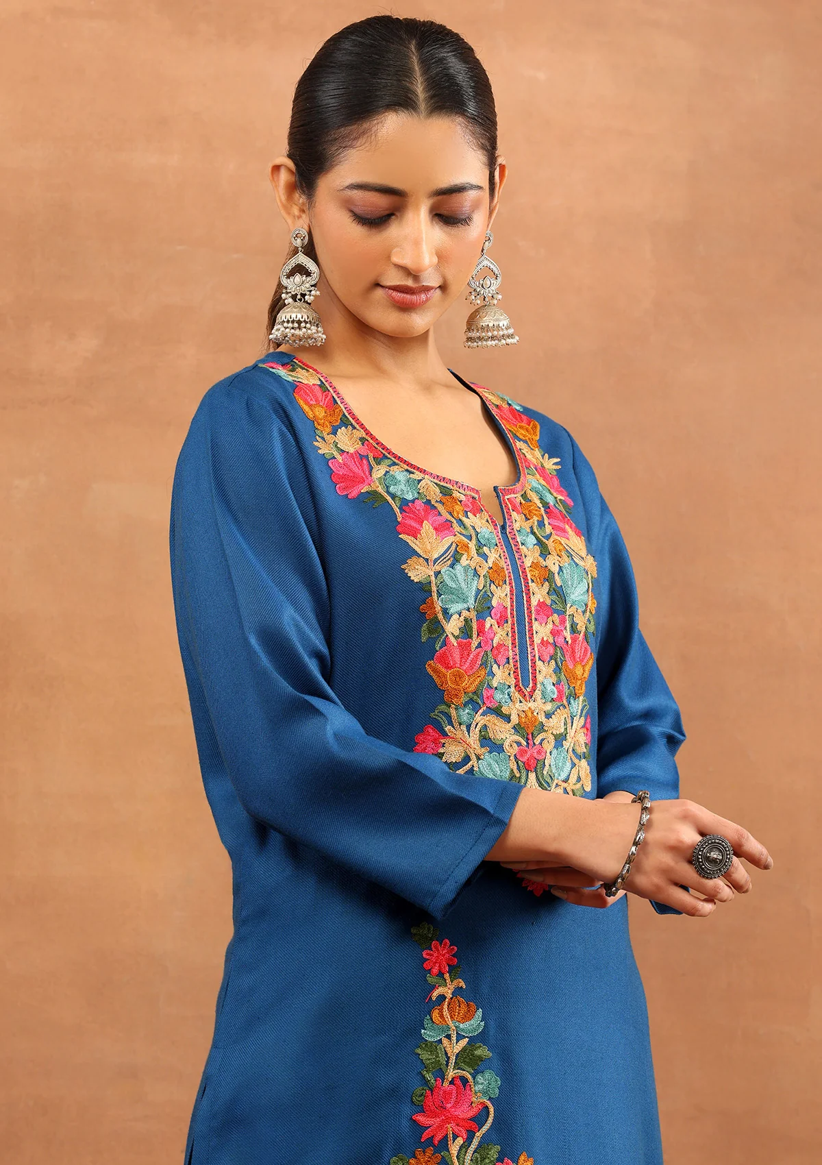 HOC Wool Aari Embroidered Solid Women's Long Kurta Set-Dark Teal - Image 2