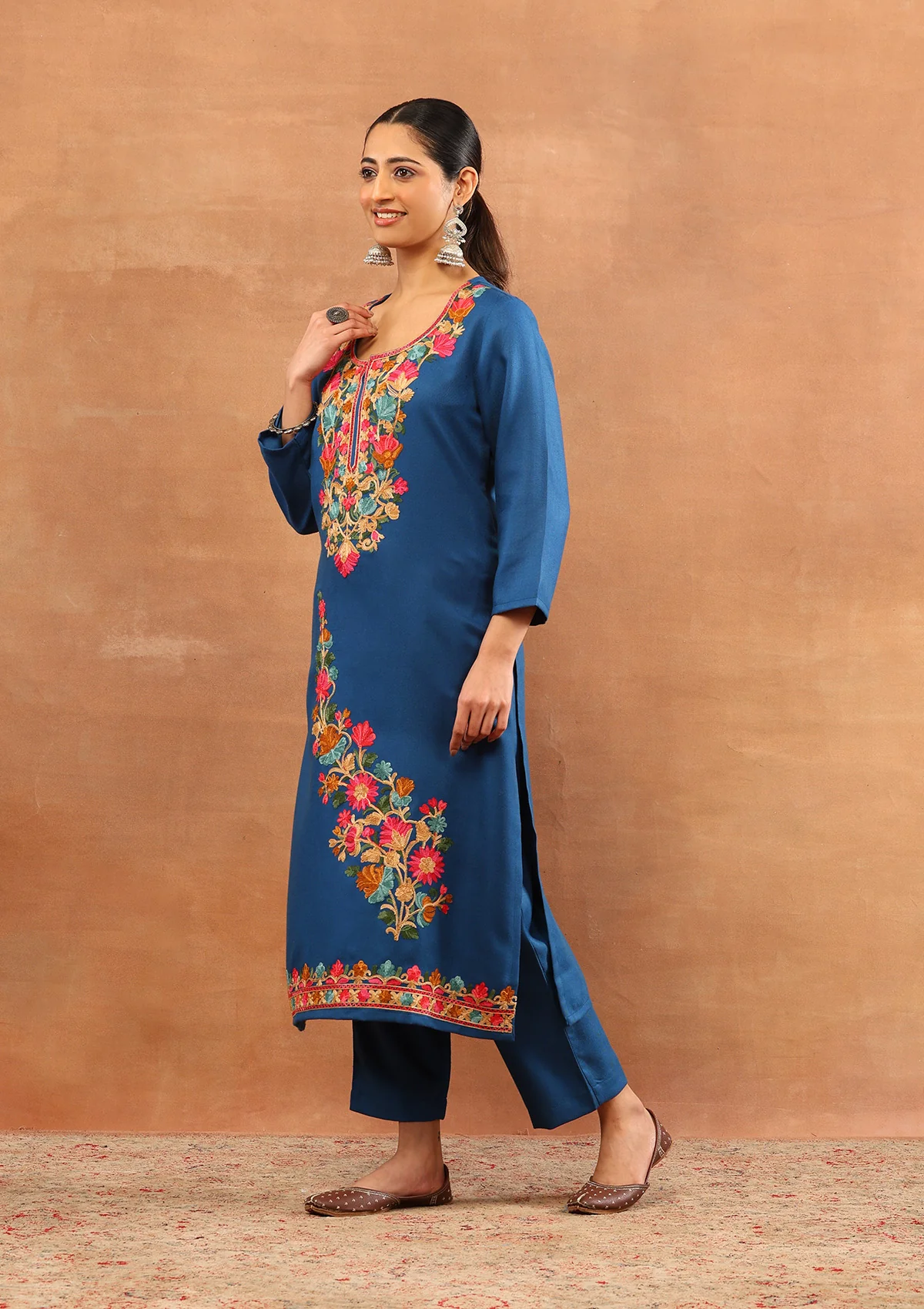 HOC Wool Aari Embroidered Solid Women's Long Kurta Set-Dark Teal - Image 4