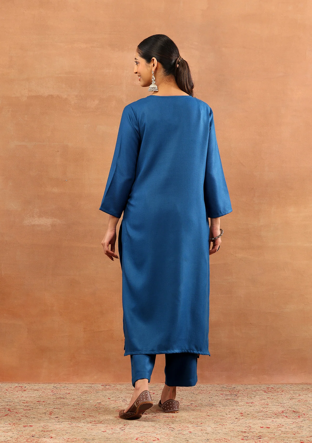 HOC Wool Aari Embroidered Solid Women's Long Kurta Set-Dark Teal - Image 6