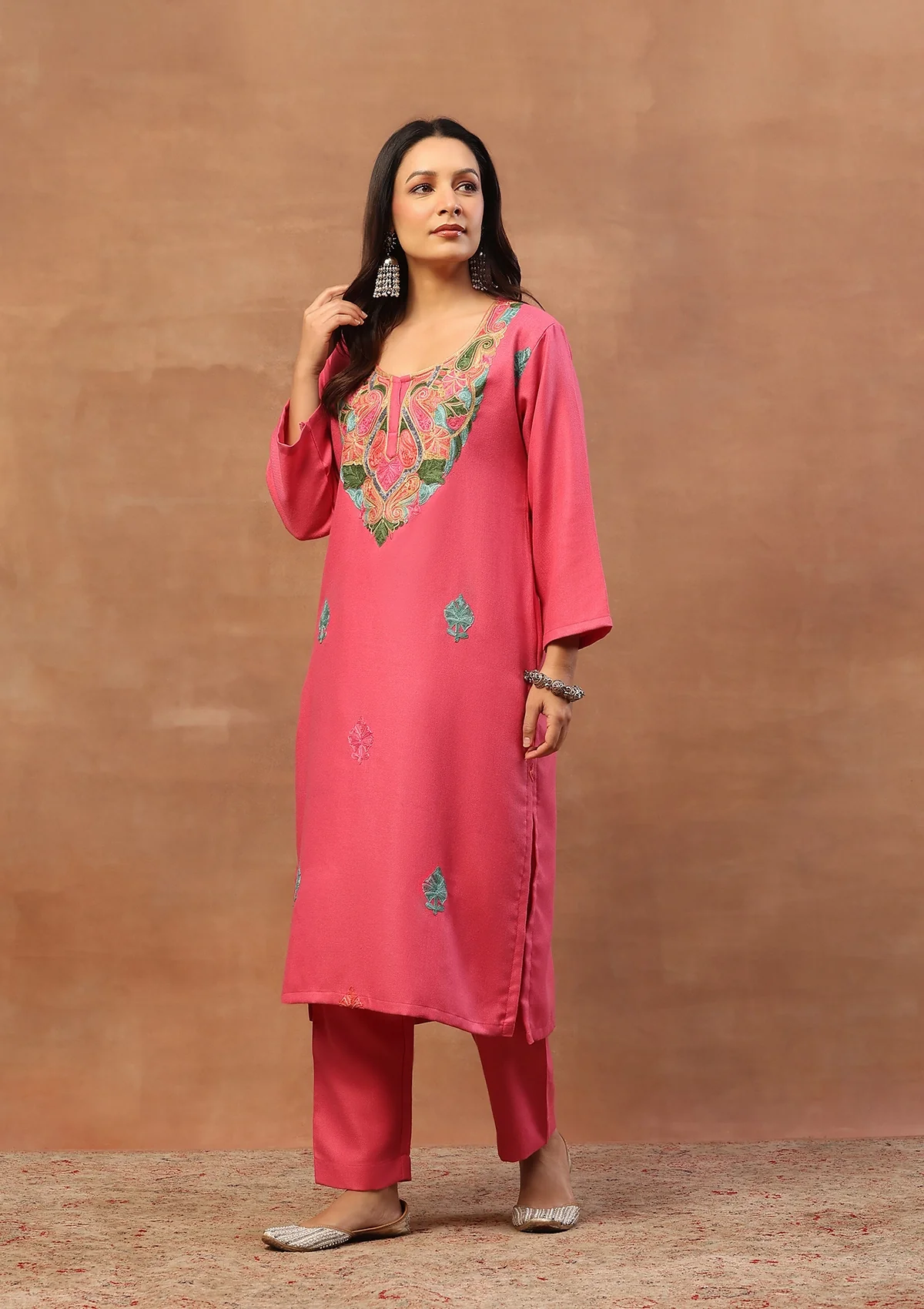 HOC Wool Aari Embroidered Solid Women's Long Kurta Set-Dusty Pink - Image 3