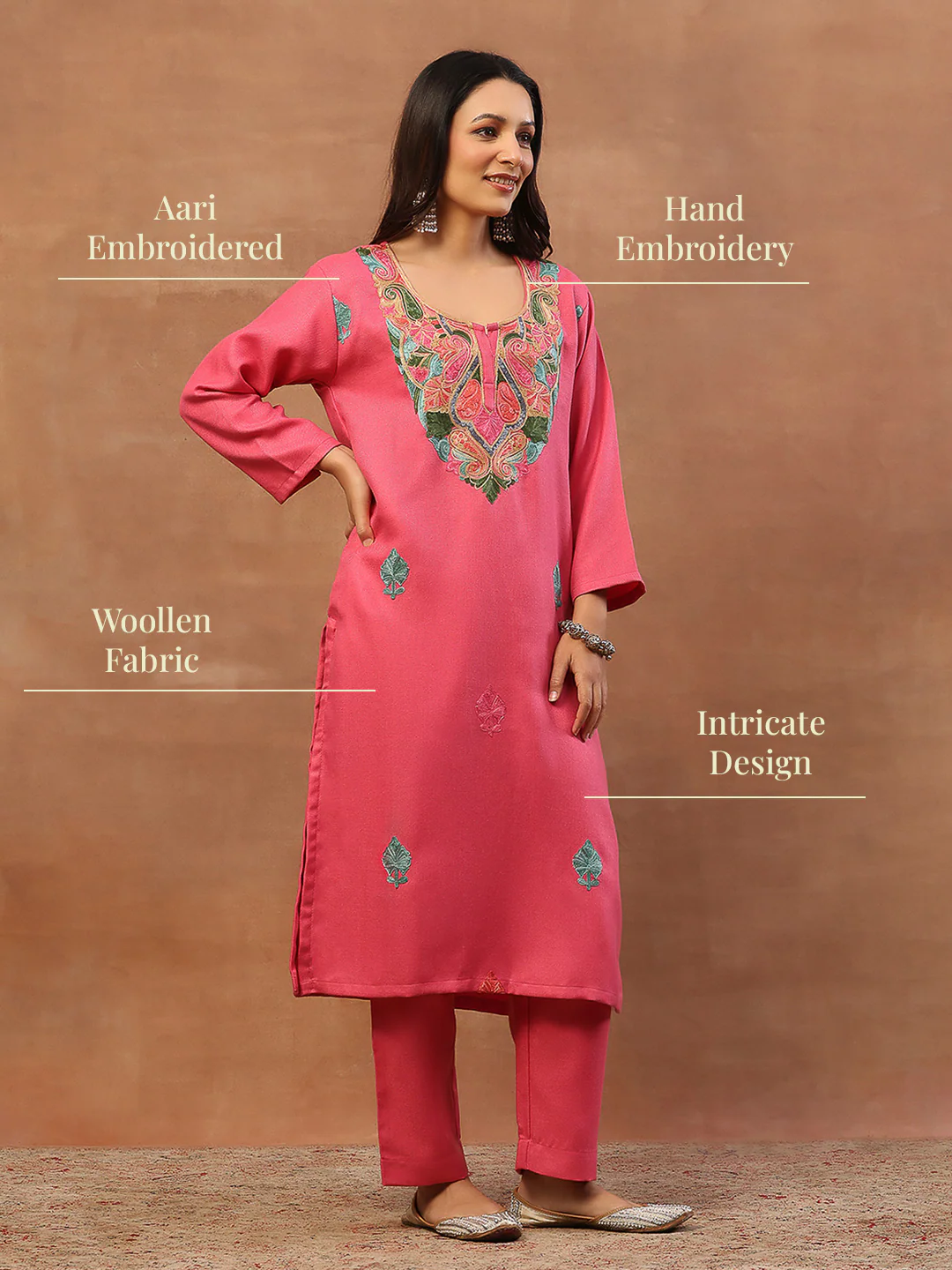 HOC Wool Aari Embroidered Solid Women's Long Kurta Set-Dusty Pink - Image 5