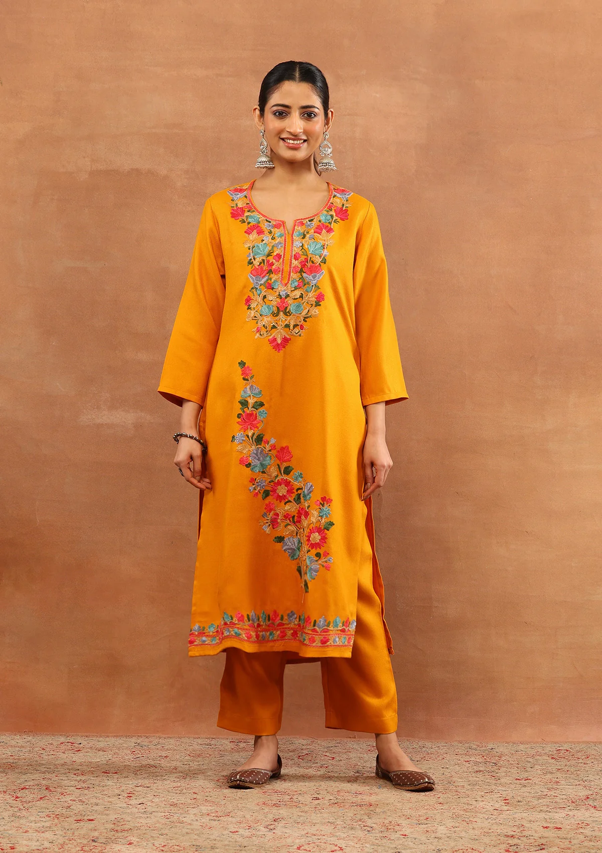 HOC Wool Aari Embroidered Solid Women's Long Kurta Set-Mustard
