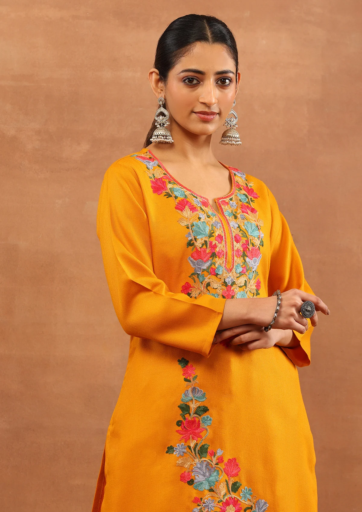 HOC Wool Aari Embroidered Solid Women's Long Kurta Set-Mustard - Image 2