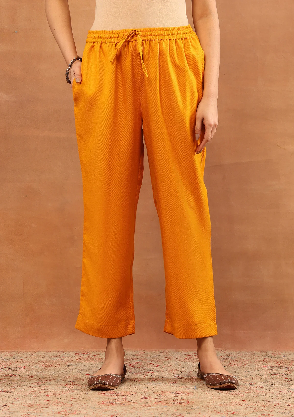 HOC Wool Aari Embroidered Solid Women's Long Kurta Set-Mustard - Image 5