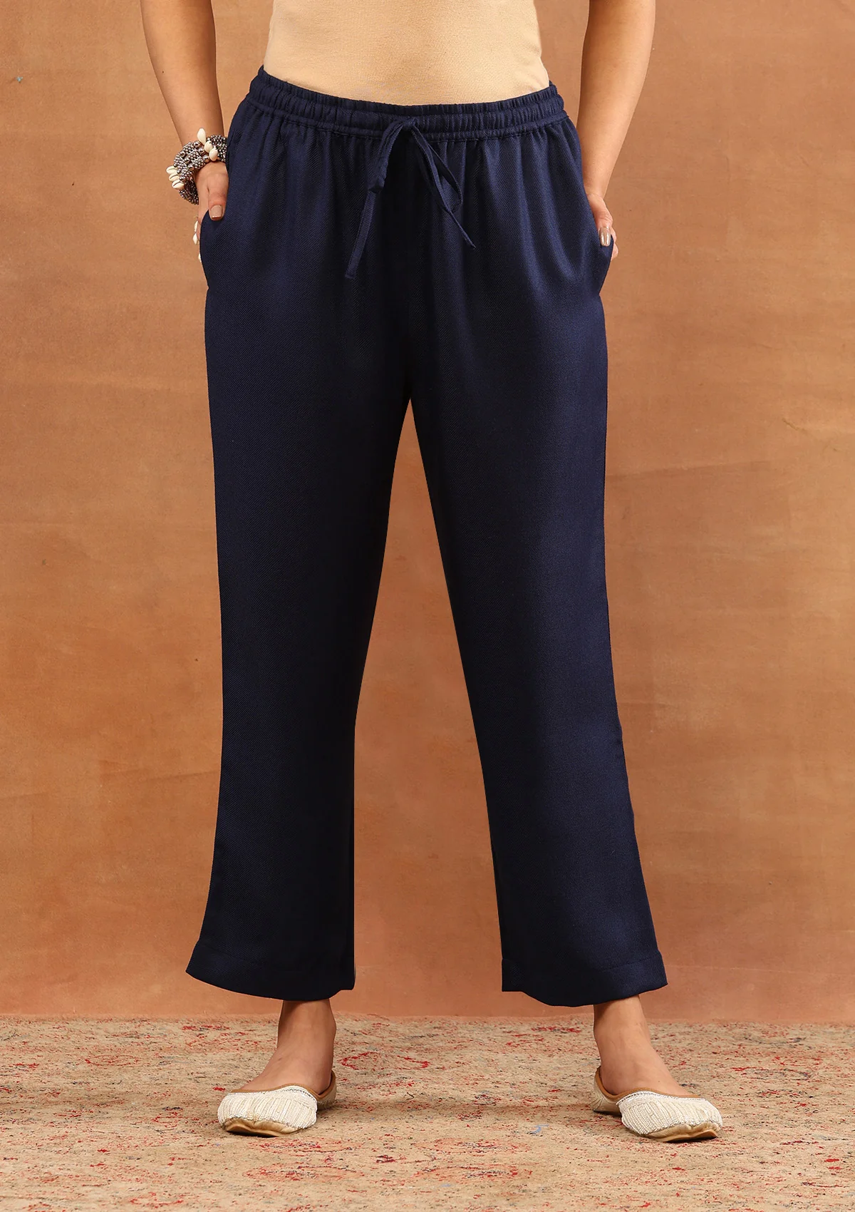 HOC Wool Aari Embroidered Solid Women's Long Kurta Set - Navy - Image 5