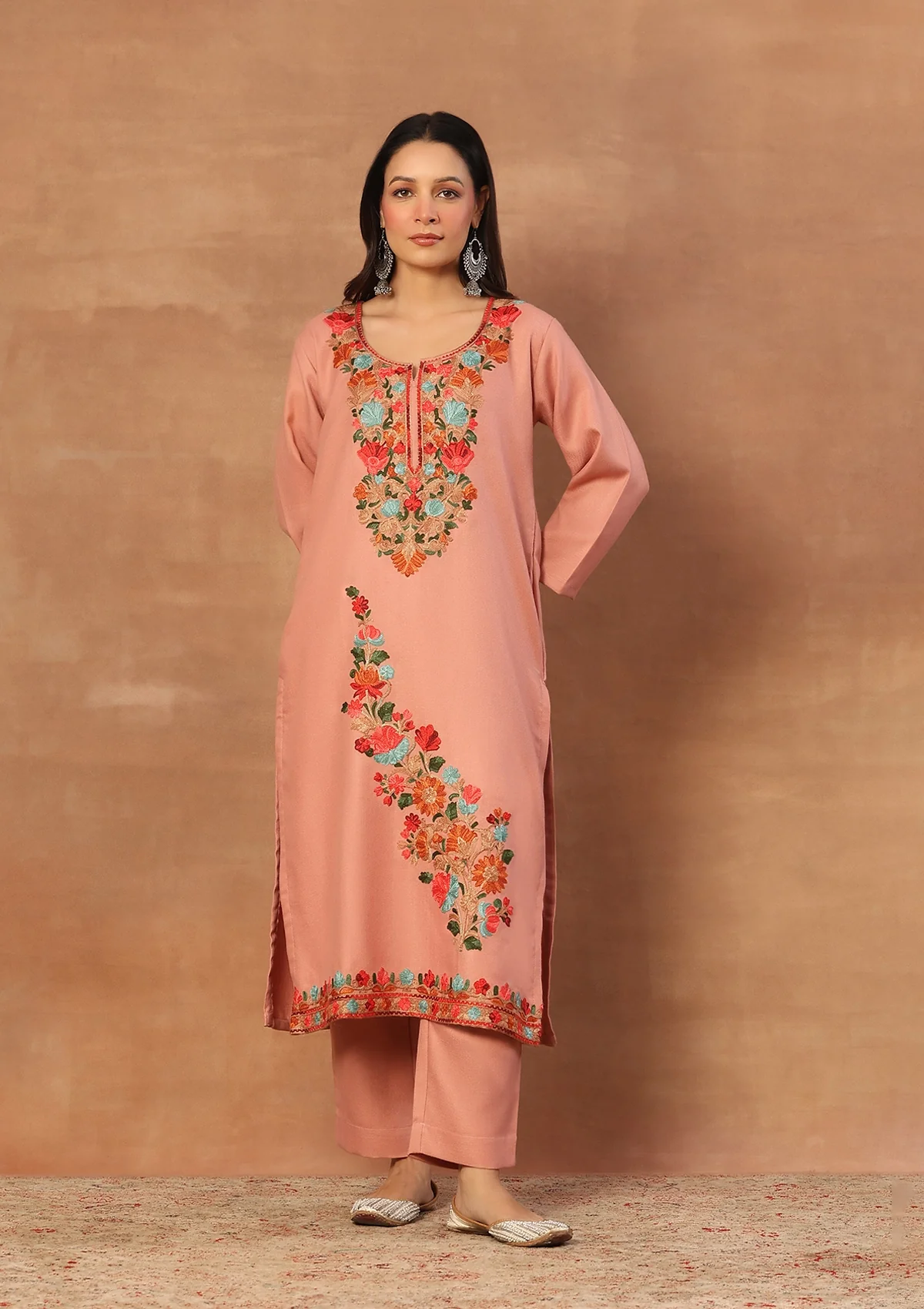 HOC Wool Aari Embroidered Solid Women's Long Kurta Set-Peach