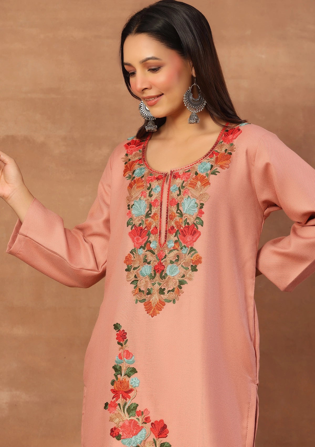 HOC Wool Aari Embroidered Solid Women's Long Kurta Set-Peach - Image 2