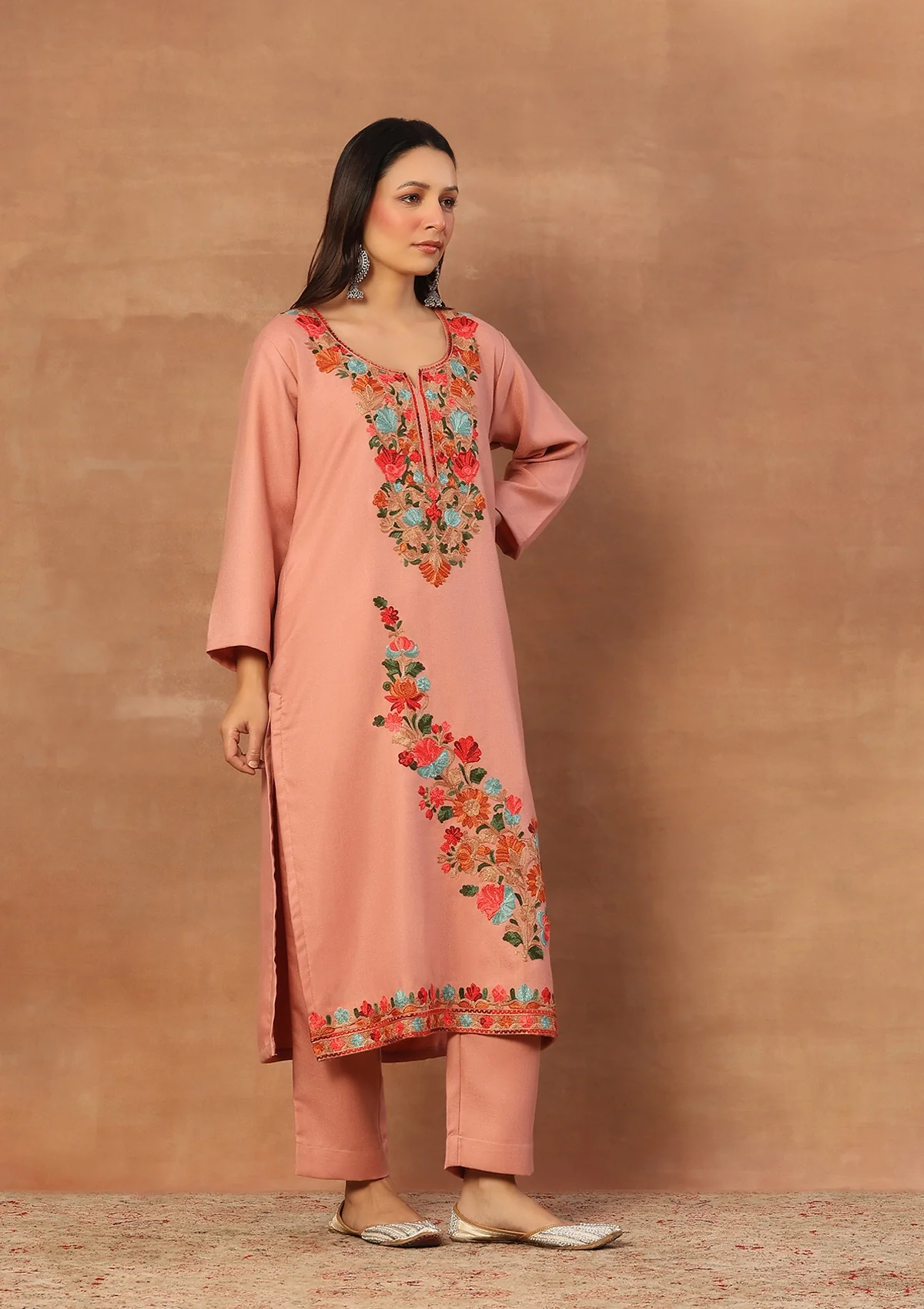 HOC Wool Aari Embroidered Solid Women's Long Kurta Set-Peach - Image 3