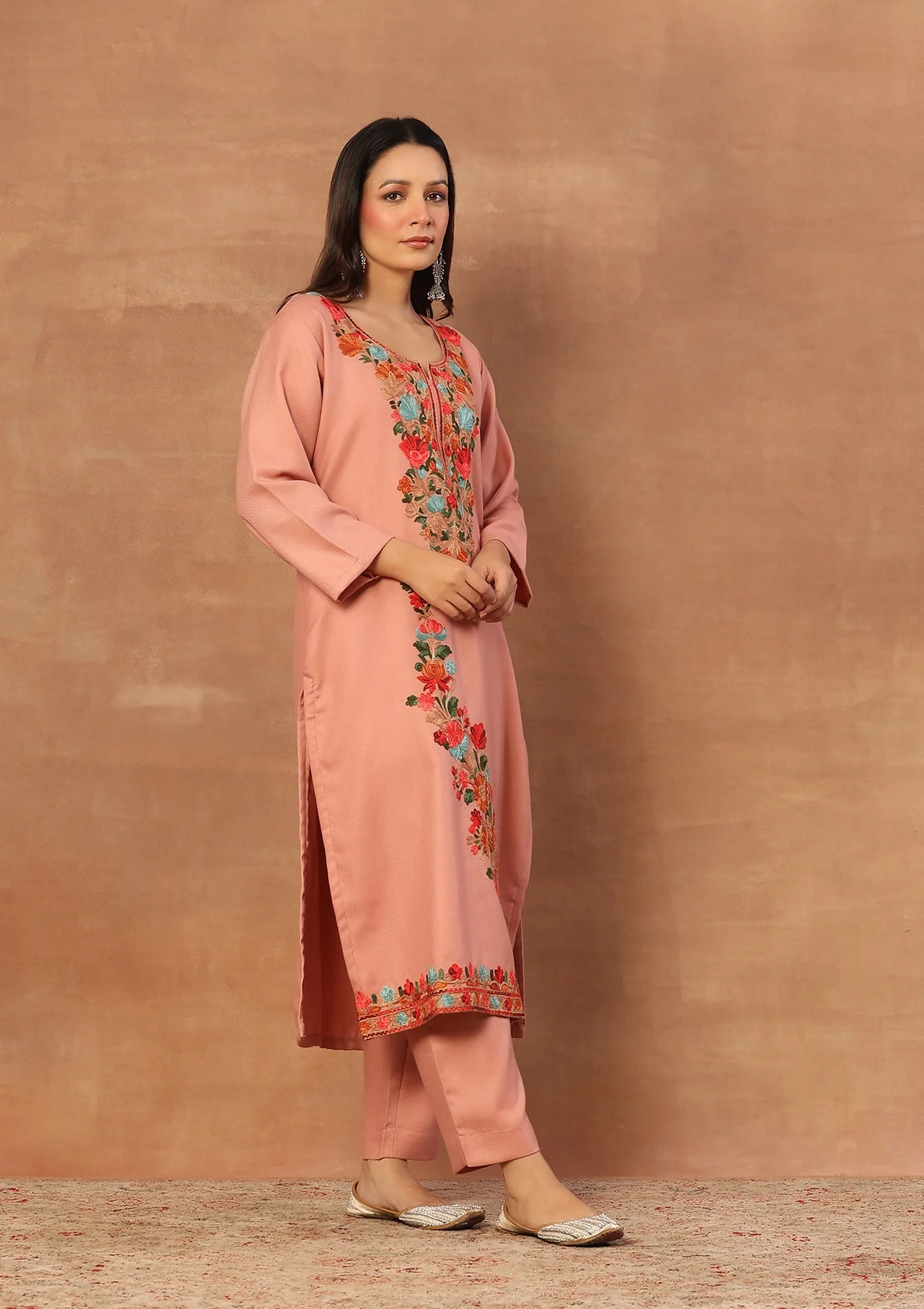 HOC Wool Aari Embroidered Solid Women's Long Kurta Set-Peach - Image 4