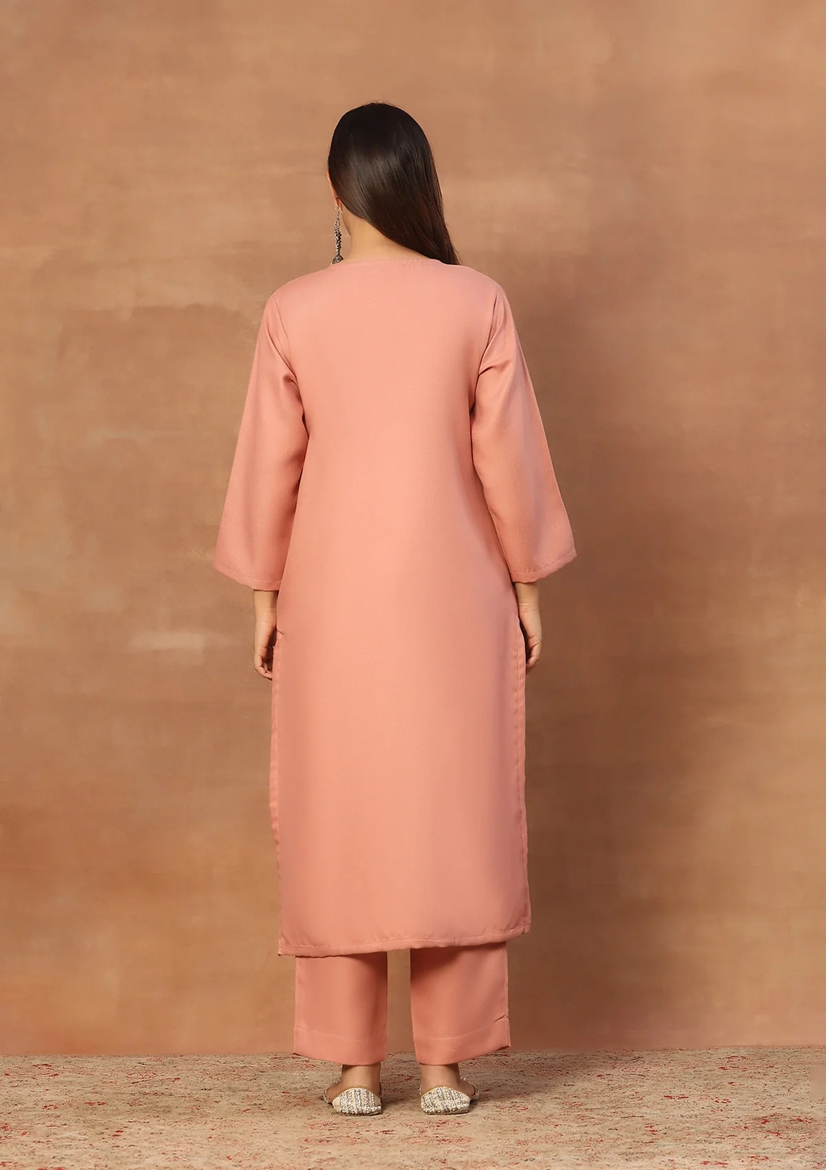 HOC Wool Aari Embroidered Solid Women's Long Kurta Set-Peach - Image 8