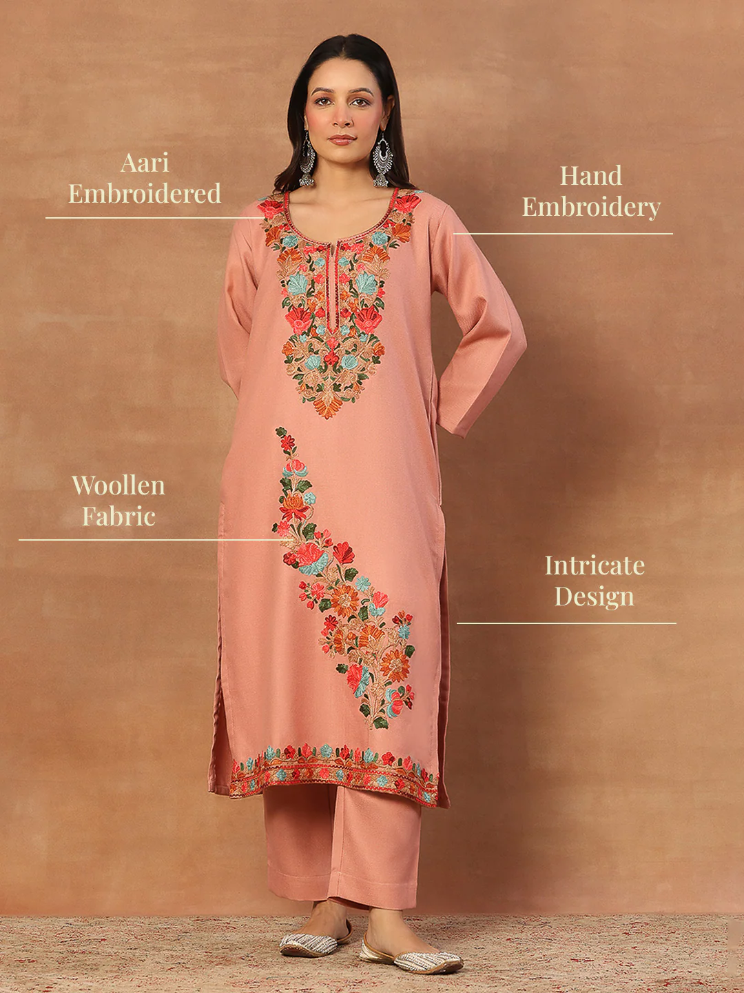 HOC Wool Aari Embroidered Solid Women's Long Kurta Set-Peach - Image 9
