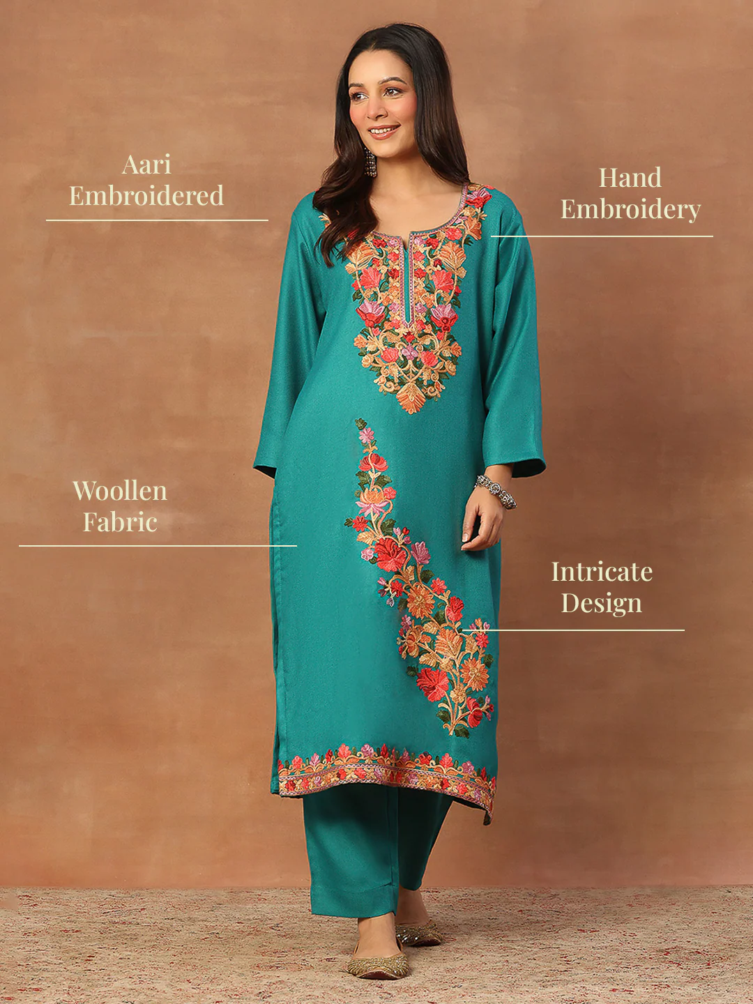 HOC Wool Aari Embroidered Solid Women's Long Kurta Set-Teal - Image 7