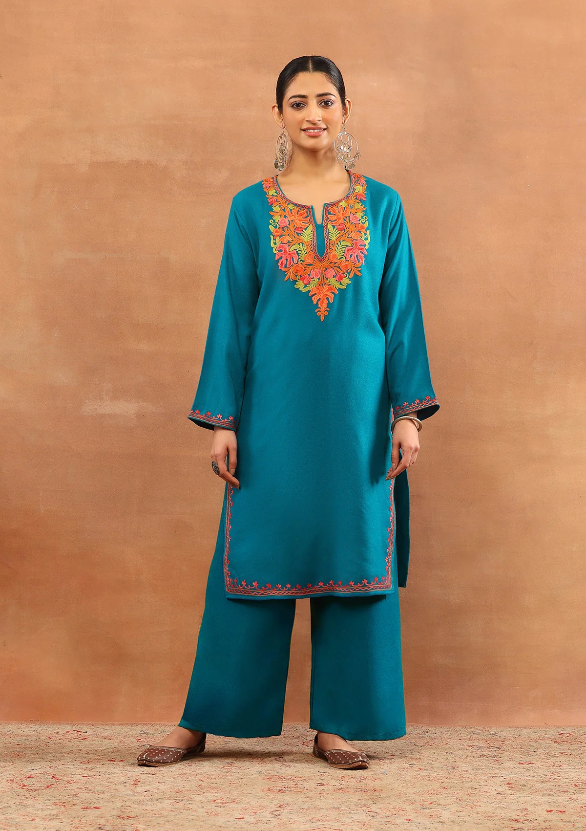 HOC Wool Aari Embroidered Solid Women's Long Kurta - Teal