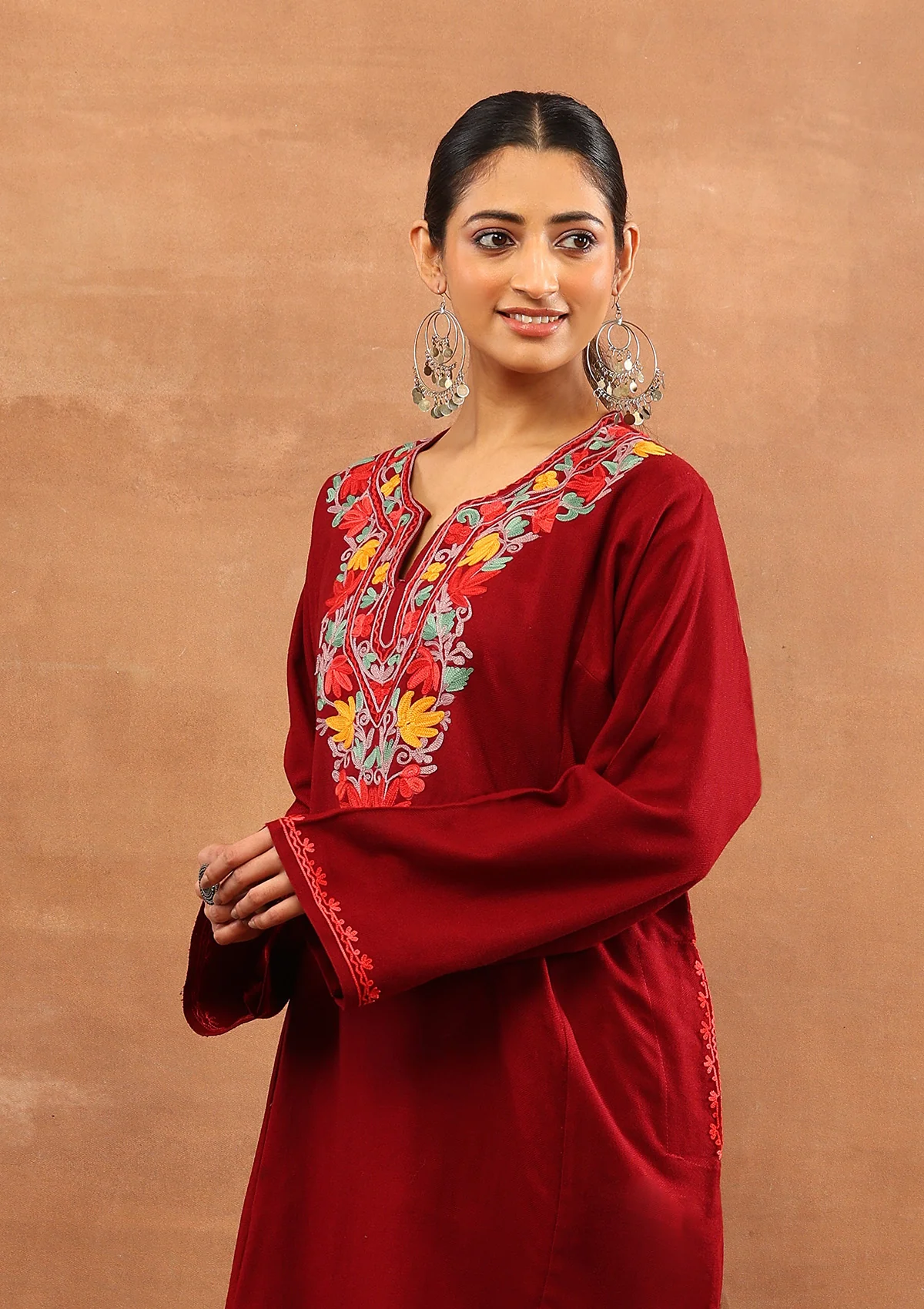 HOC Wool Aari Embroidered Solid Women's Long Phiran - Maroon - Image 2