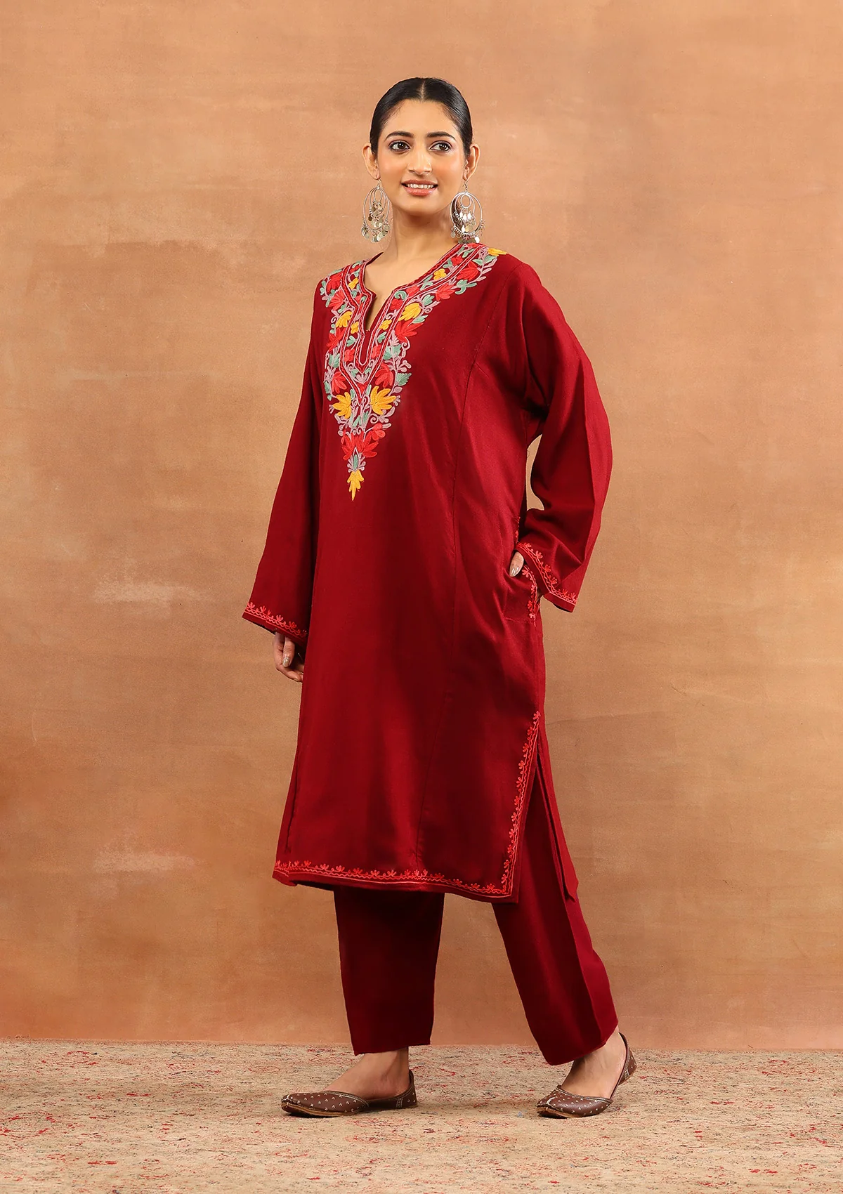 HOC Wool Aari Embroidered Solid Women's Long Phiran - Maroon - Image 3