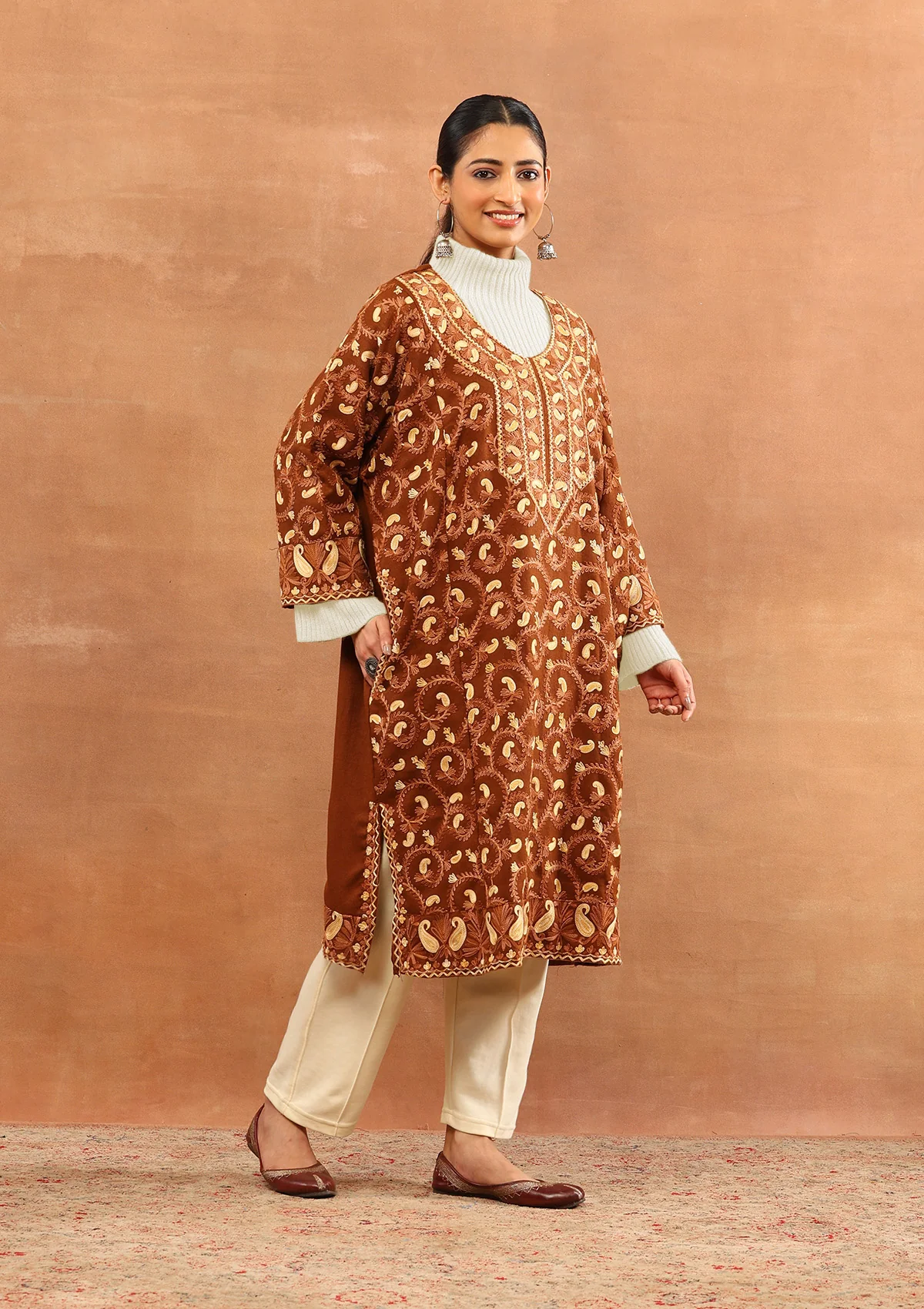 HOC Wool Aari Embroidered Solid Women's Long Phiran - Brown - Image 4