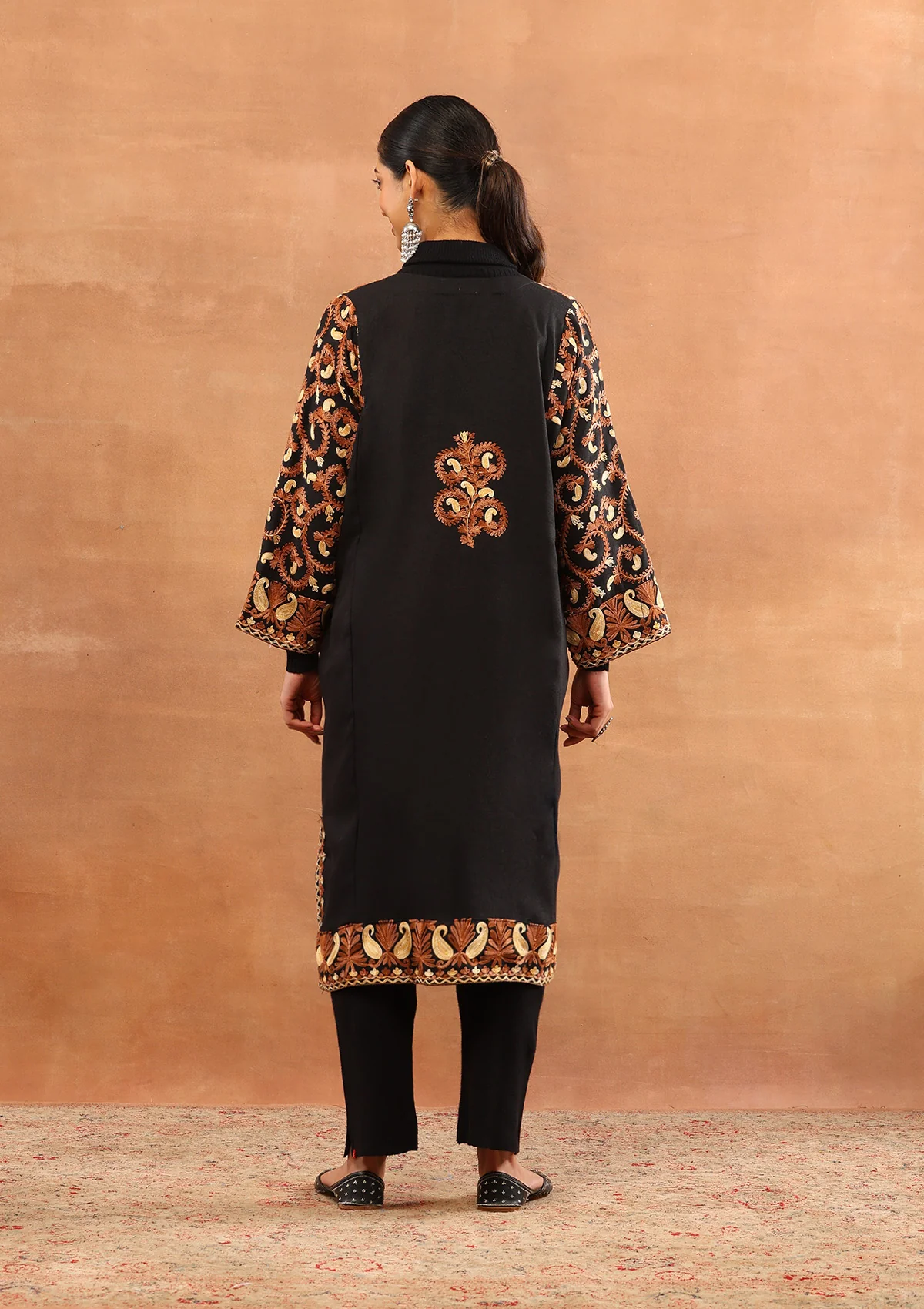 HOC Wool Aari Embroidered Solid Women's Long Phiran - Black - Image 5