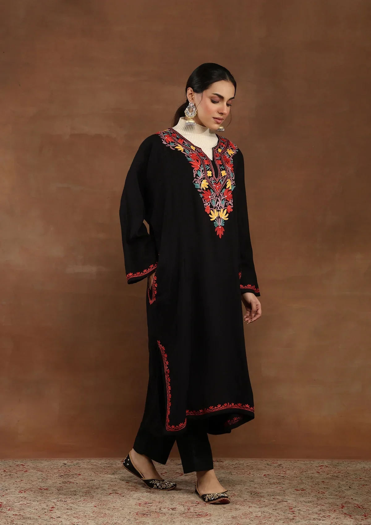 HOC Wool Aari Embroidered Solid Women's Phiran-Black - Image 4
