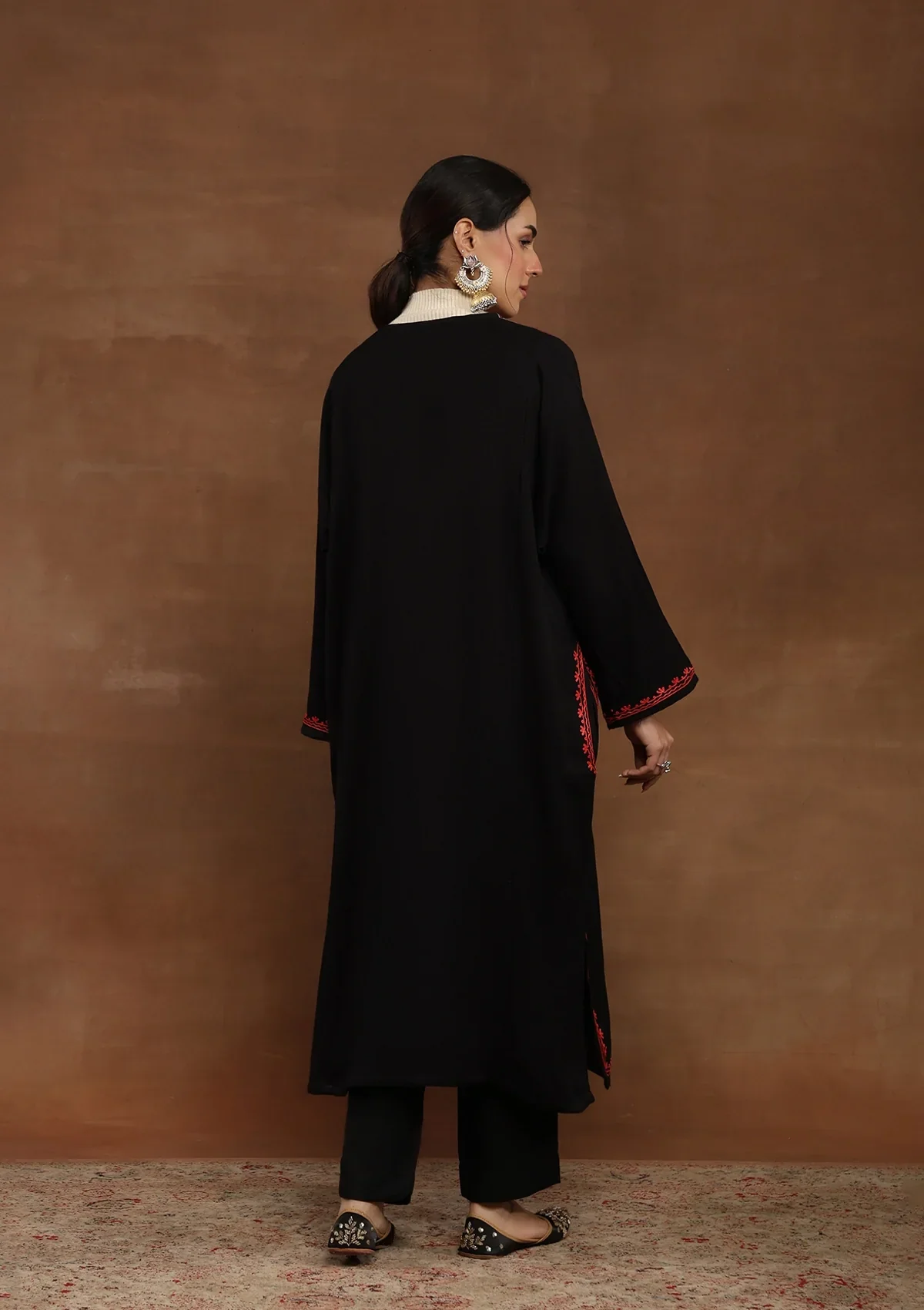 HOC Wool Aari Embroidered Solid Women's Phiran-Black - Image 6