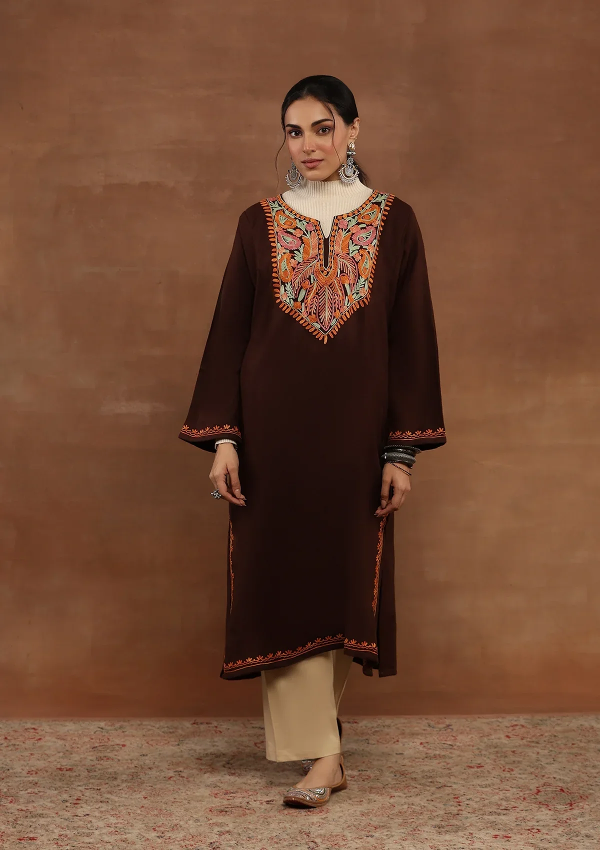HOC Wool Aari Embroidered Solid Women's Phiran-Brown
