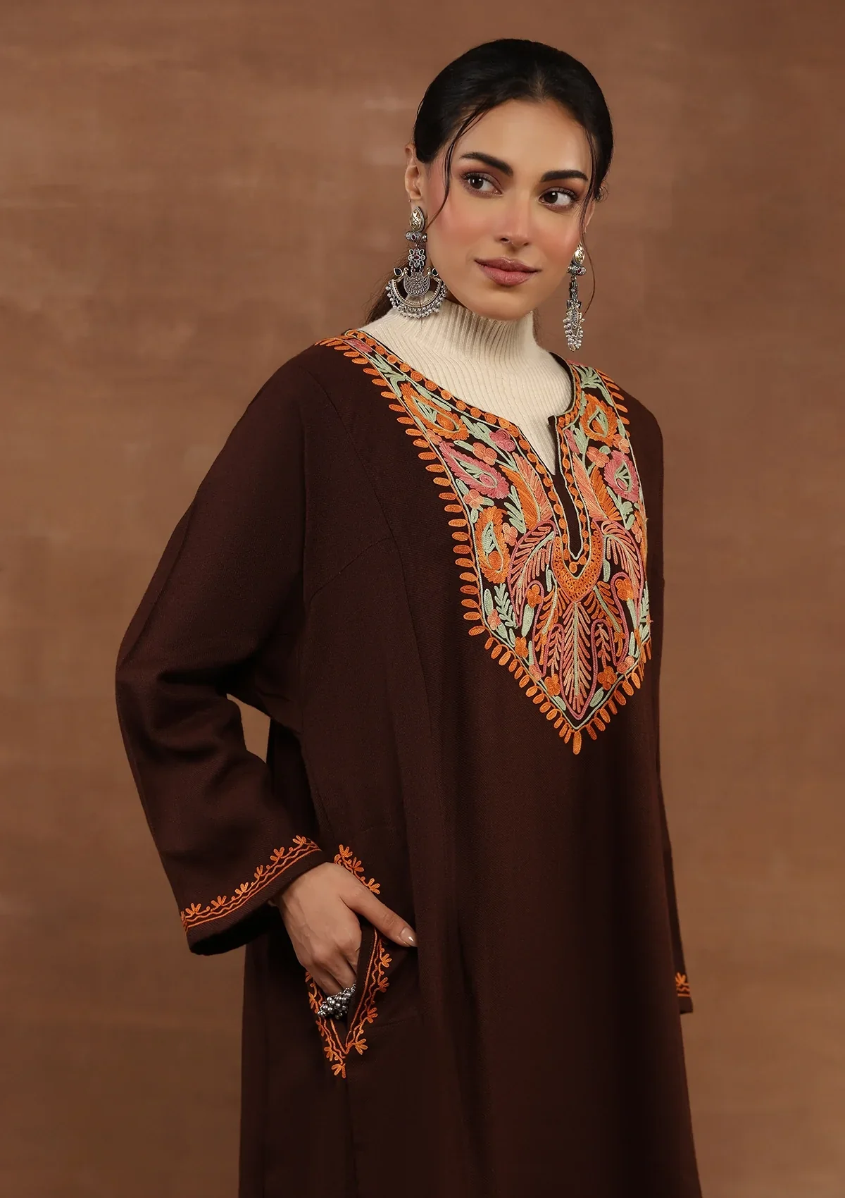 HOC Wool Aari Embroidered Solid Women's Phiran-Brown - Image 2