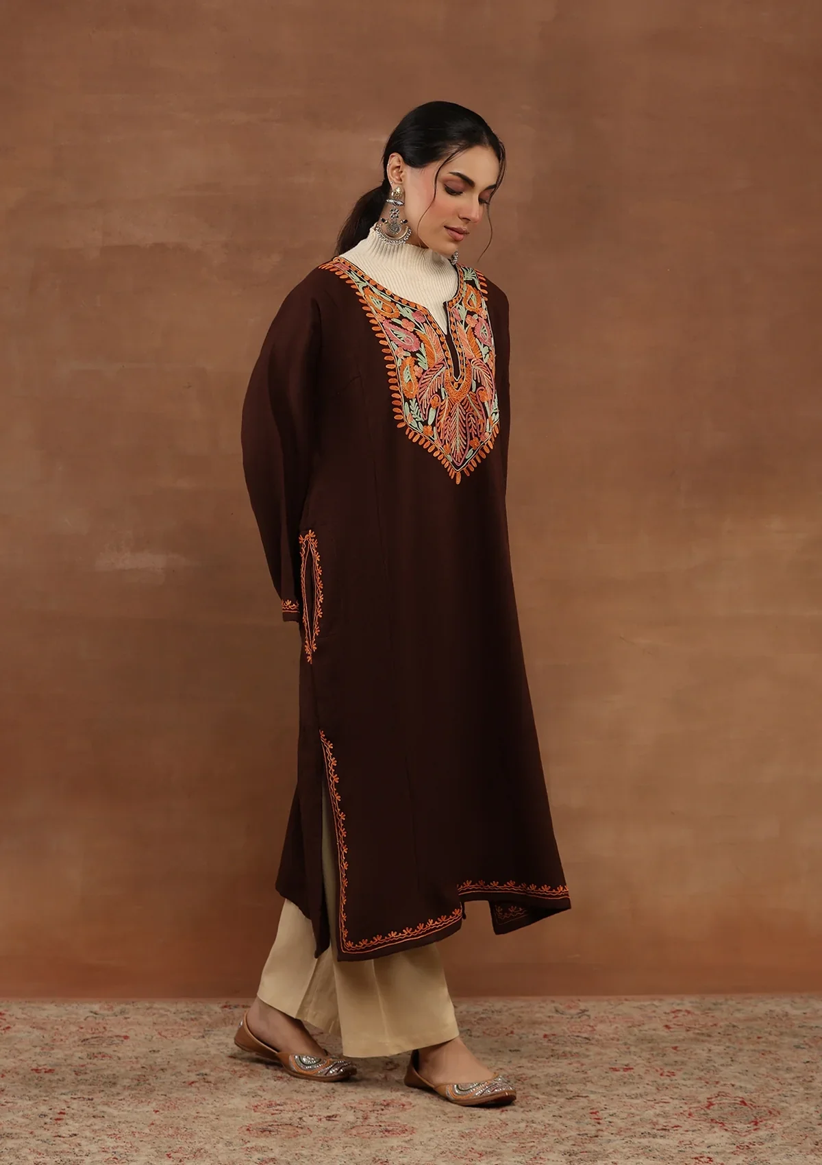 HOC Wool Aari Embroidered Solid Women's Phiran-Brown - Image 3
