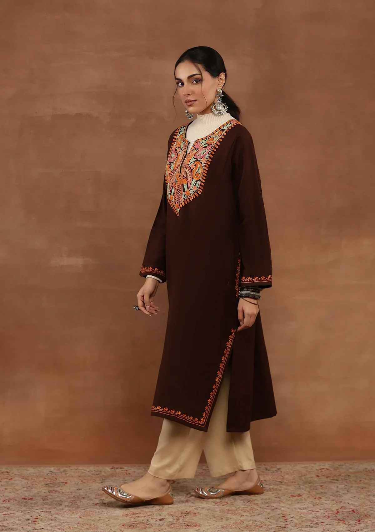 HOC Wool Aari Embroidered Solid Women's Phiran-Brown - Image 4
