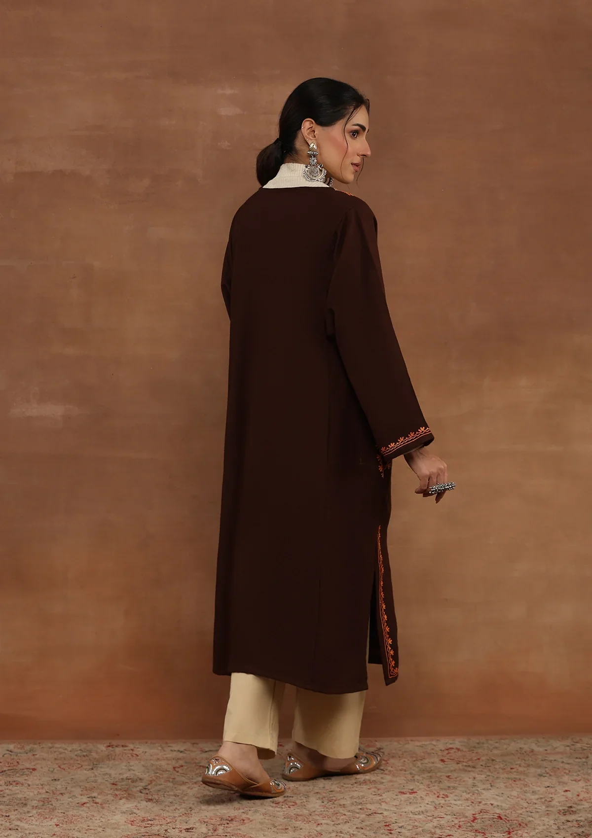 HOC Wool Aari Embroidered Solid Women's Phiran-Brown - Image 5