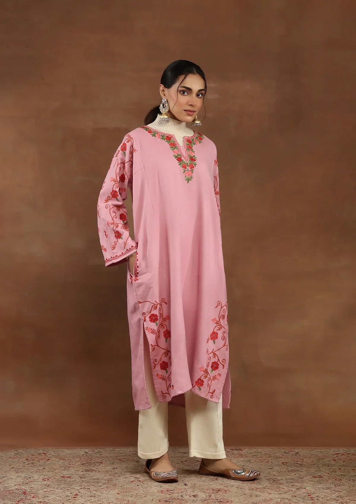 HOC Wool Aari Embroidered Solid Women's Phiran-Pink - Image 3