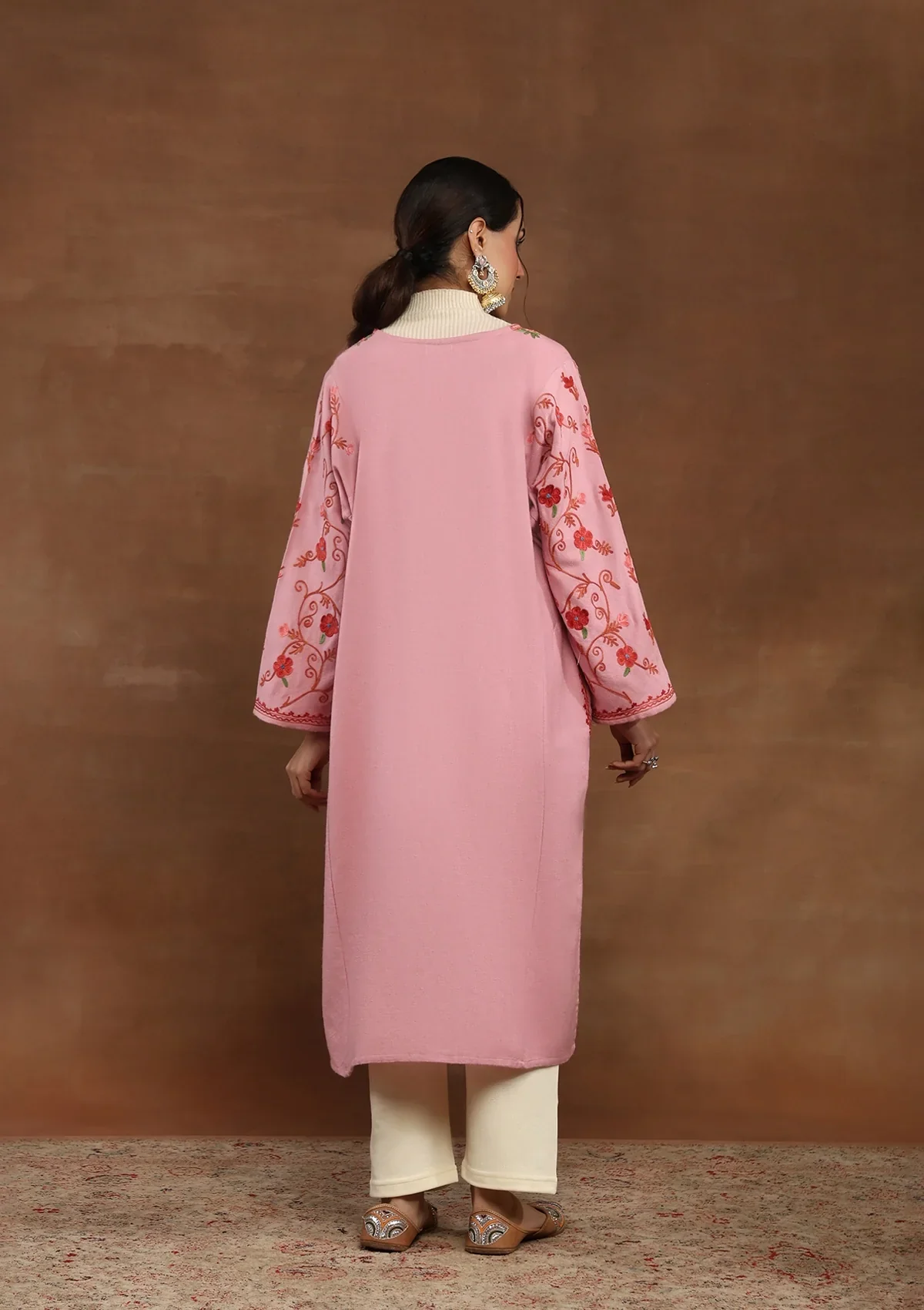 HOC Wool Aari Embroidered Solid Women's Phiran-Pink - Image 5