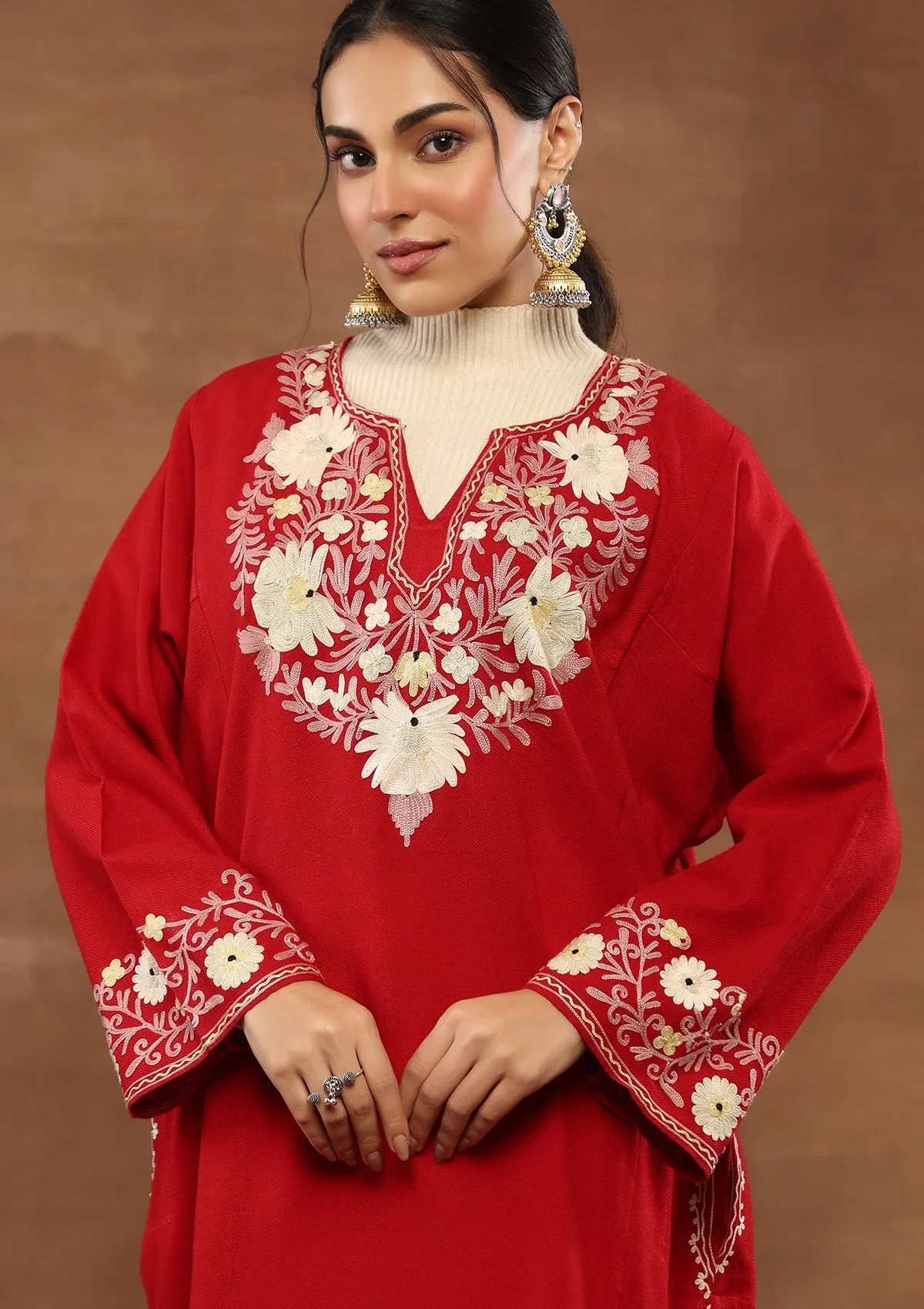HOC Wool Aari Embroidered Solid Women's Phiran-Red - Image 2