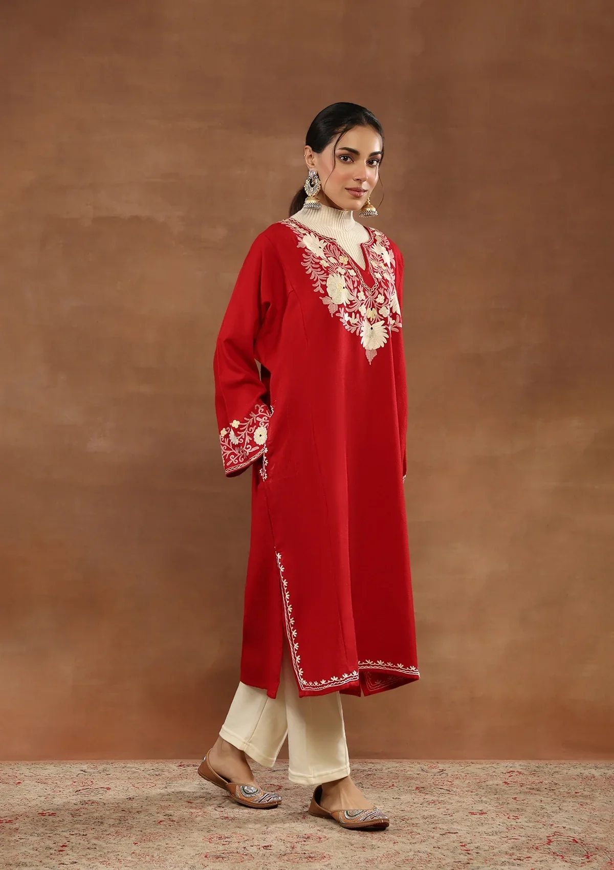 HOC Wool Aari Embroidered Solid Women's Phiran-Red - Image 3