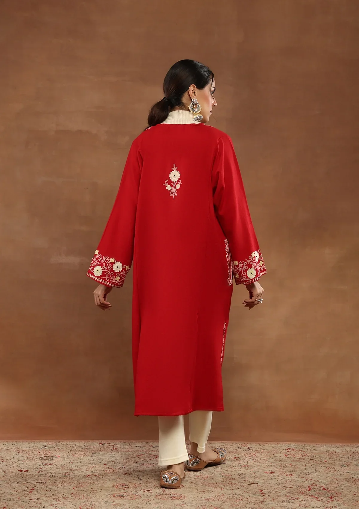 HOC Wool Aari Embroidered Solid Women's Phiran-Red - Image 5